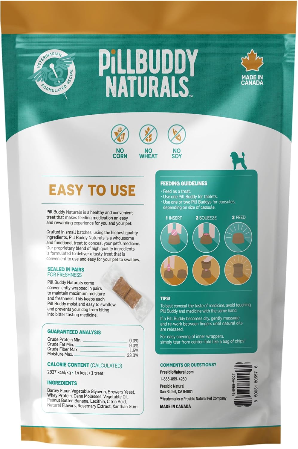 Presidio Earthly Pill Buddy Naturals - PB & Banana Recipe Pill Hiding Treats for Dogs - Make A Perfect Pill Concealing Pocket Or Pouch for Any Size Medication - 30 Servings