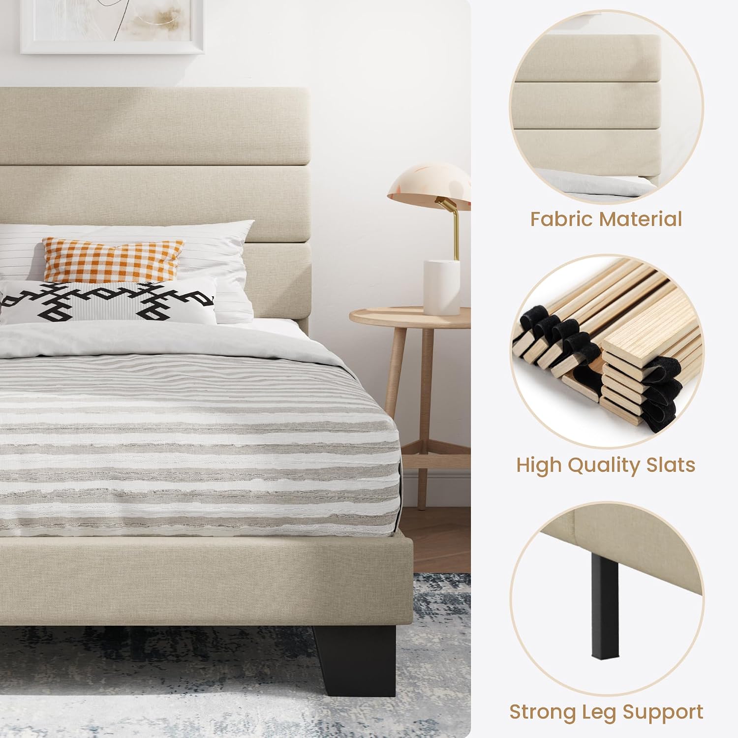 SHA CERLIN Full Platform Bed Frame with Upholstered Fabric Headboard, Grey