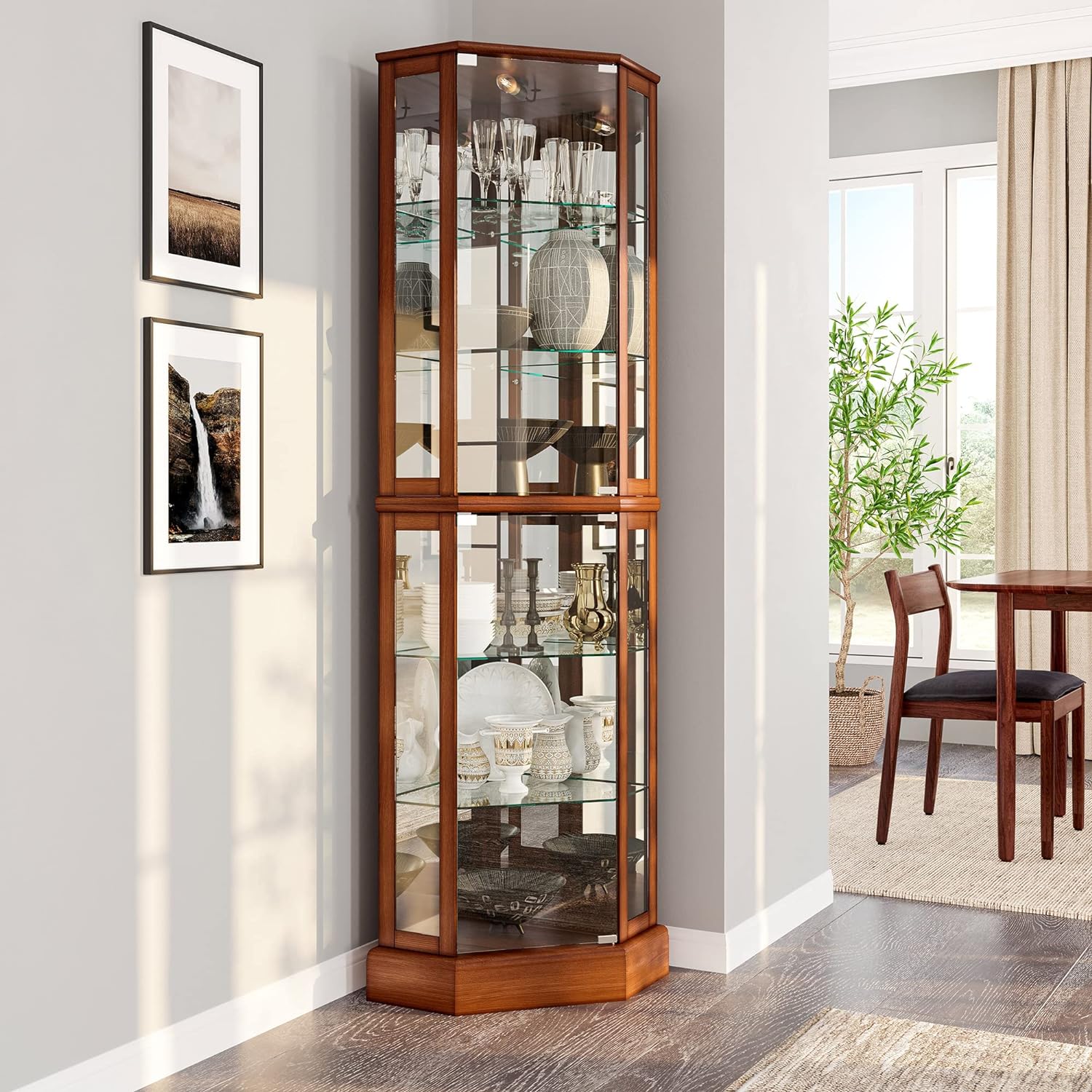 BELLEZE Lighted Corner Display Curio Cabinet Wooden Curved Shelving Unit with Tempered Glass Door