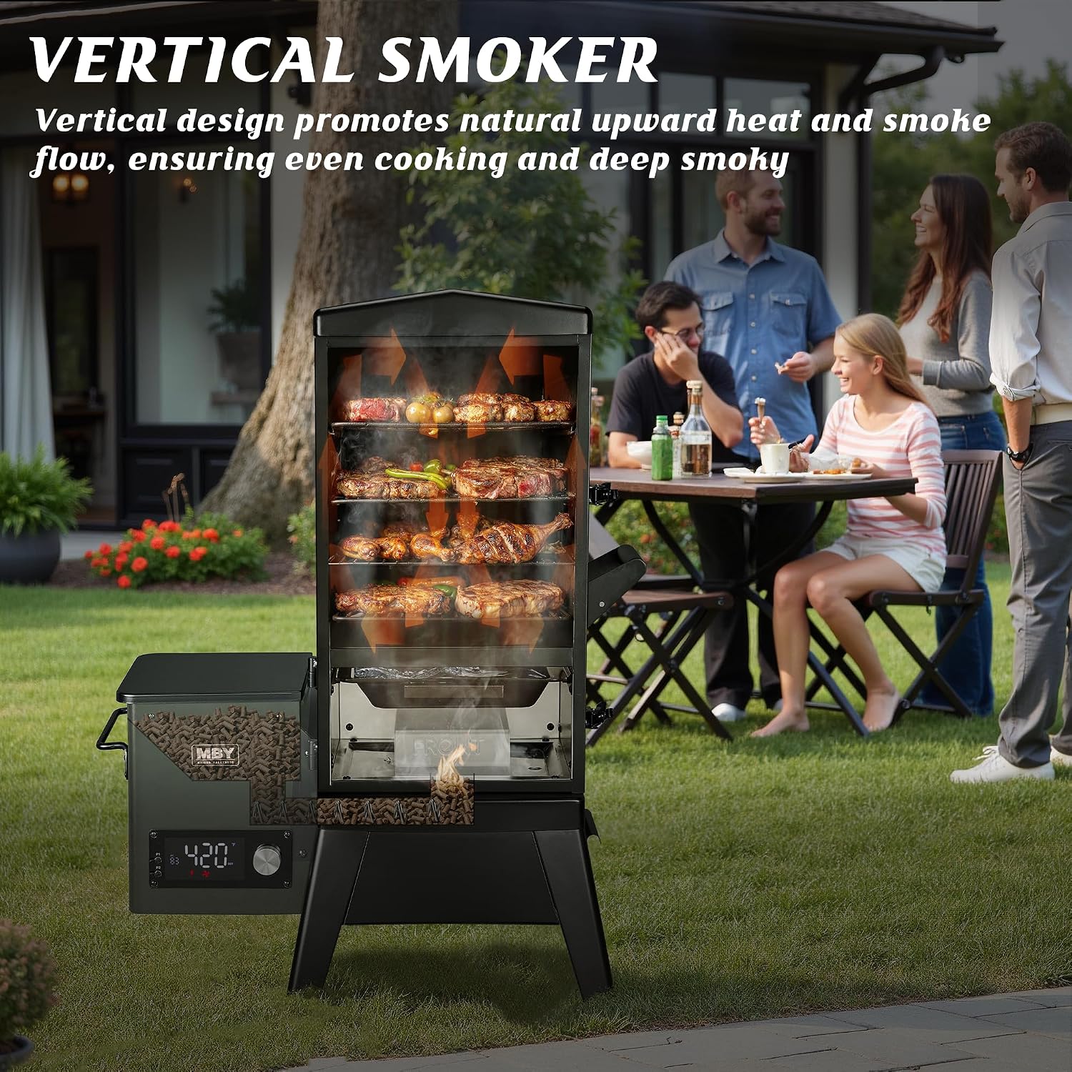 Electric Pellet Smoker with Rainproof Cover, Vertical Wood Pellet Smokers Grill With Hook Meat Probe LED Display Temperature Control