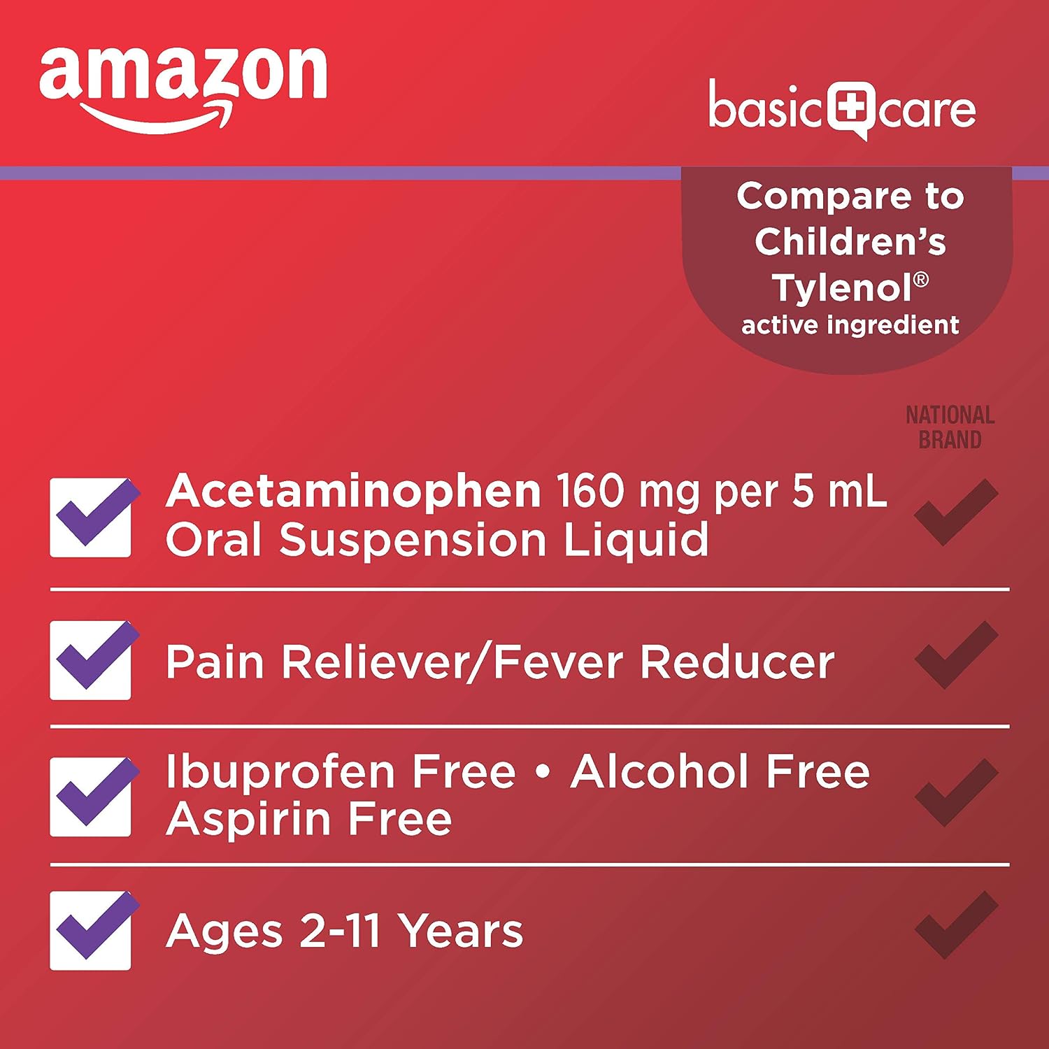 Amazon Basic Care Children's Acetaminophen 160 mg per 5 mL Oral Suspension, Grape Flavor, Pain Reliever and Fever Reducer, 4 fl oz