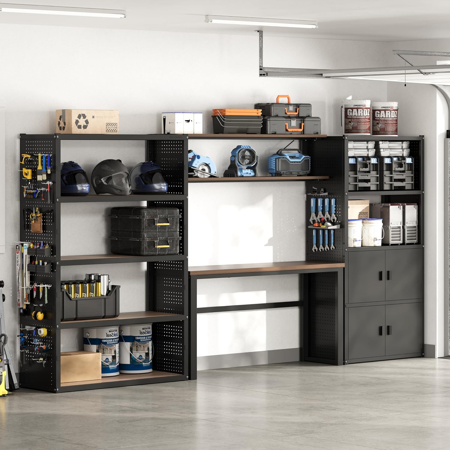 FLEXIMOUNTS 117"W Modular Garage Storage Cabinet with Workbench, Black | 6 Doors, 3700lbs capacity, Metal board shelf includes pegboard, 3-in-1 metal tool cabinet, 24-gauge steel, FLEXIMOD Series
