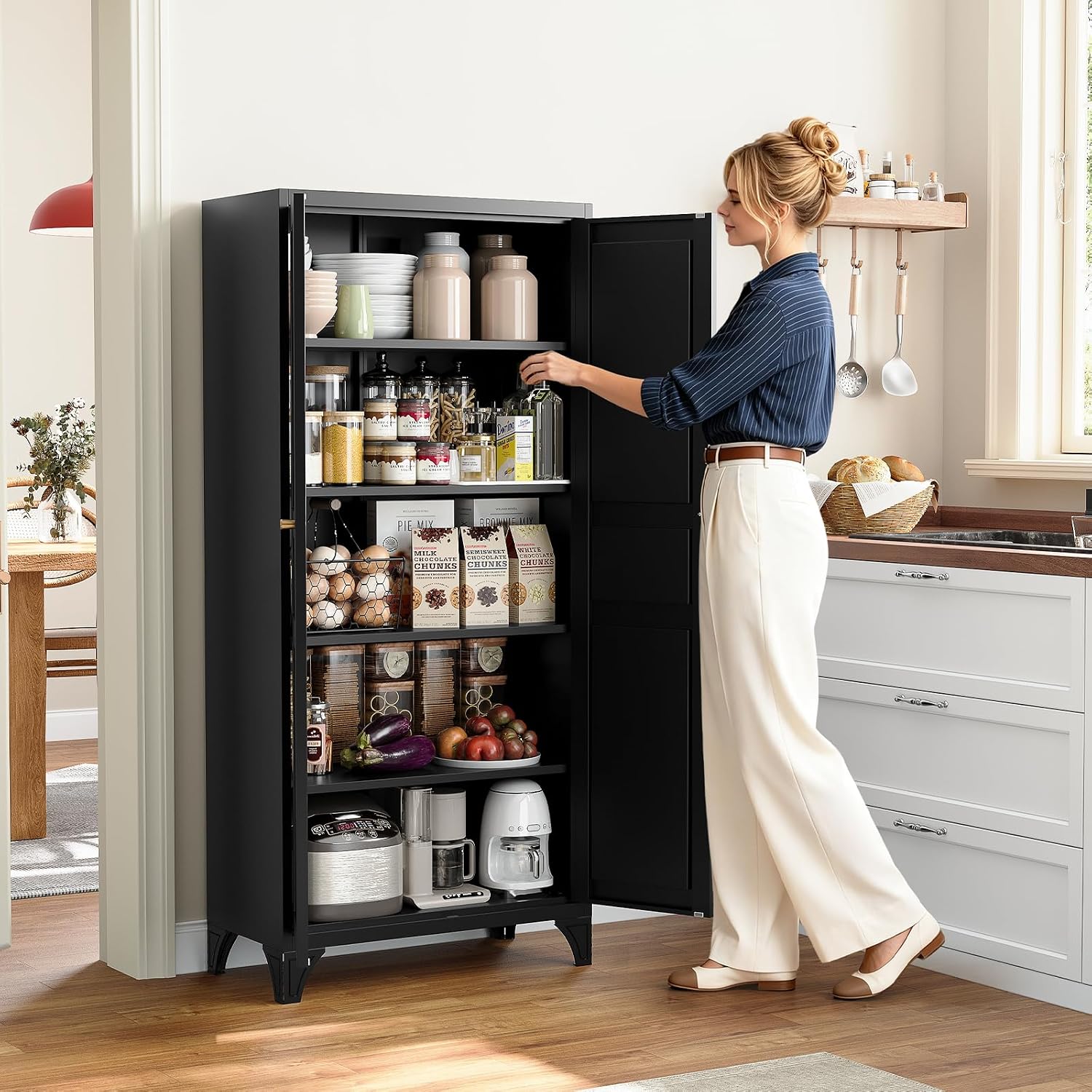 Metal Storage Cabinet with 2 Doors and 4 Adjustable Shelves - 61" White Kitchen Pantry Storage 5-Tier Tall Steel Cabinets Locker for Kitchen, Living Room, Dining Room