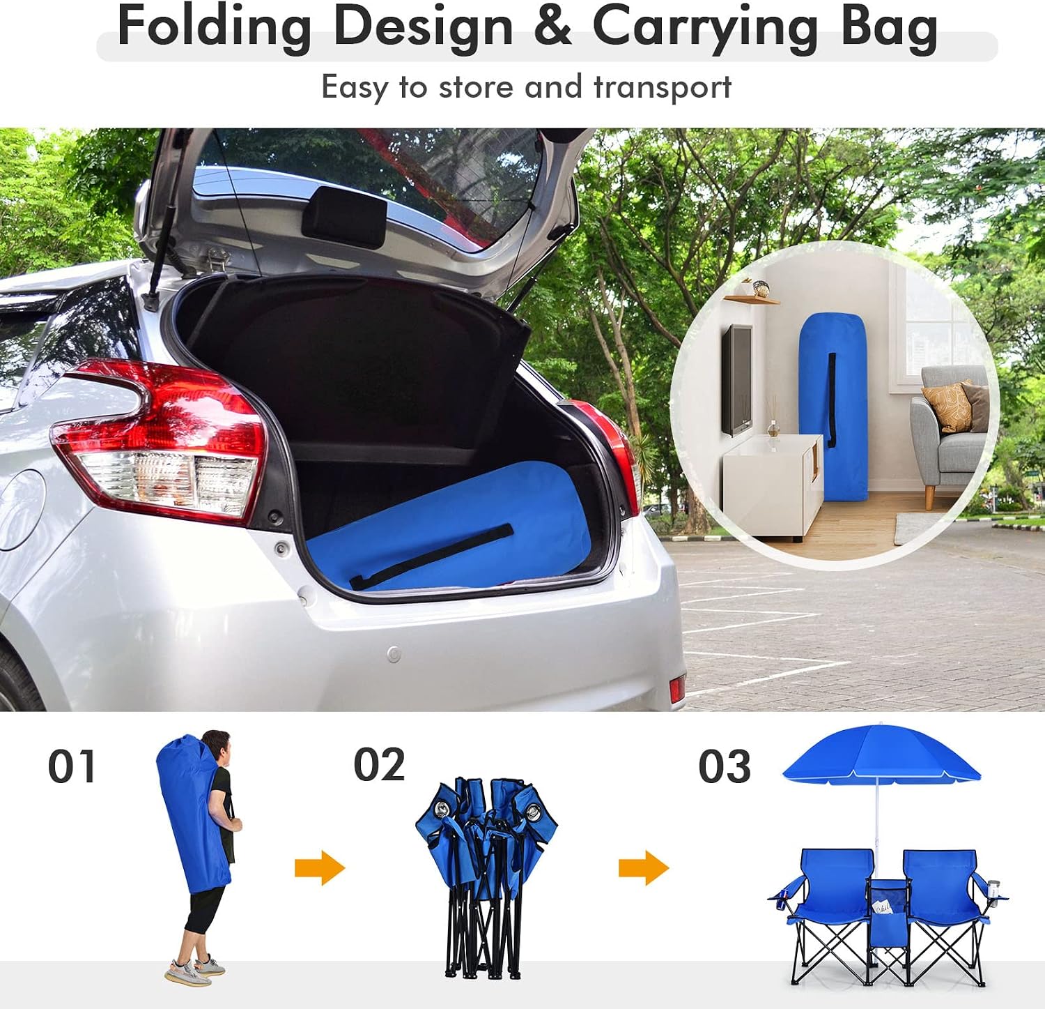 COSTWAY Double Portable Picnic Chairs, Folding Camping Chairs w/Detachable Umbrella, Cooler Bag, Cup Holders, Patio Beach Camping Chairs for Outdoors, Blue | Detachable Umbrella, Cooler Bag, Cup Holders, Patio Beach Camping Chairs for Outdoors, Blue