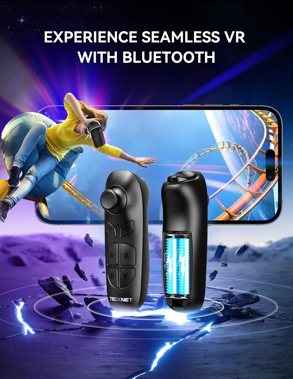 TECKNET VR Headset for Phone with Bluetooth Controller, 4.7-7.2" VR Headsets with HD 110°FOV Anti-Blue Light Lenses & Adjustable Gears, 3D VR Headset for Kids Compatible iPhone Samsung Android