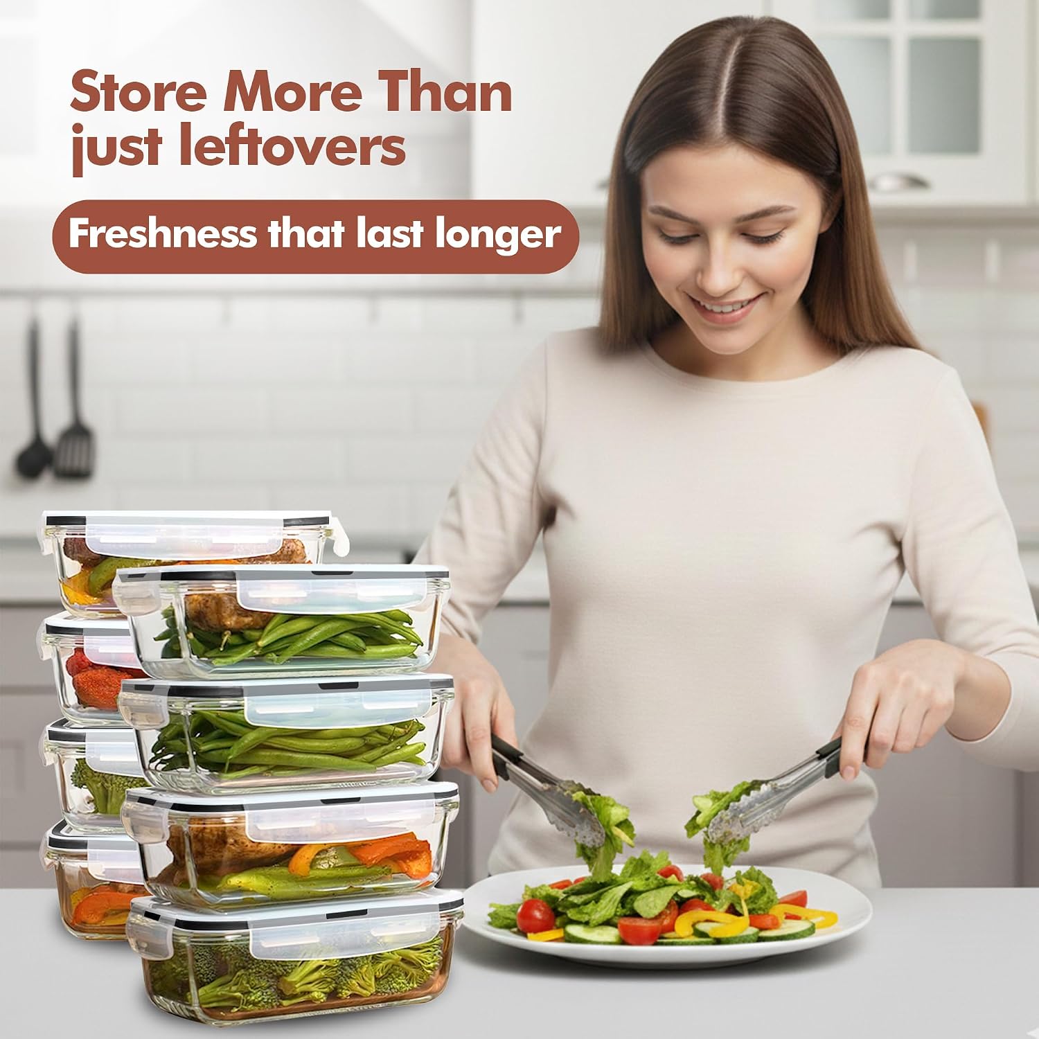 Razab 16 Pc (Set of 8) 30 Oz Glass Meal Prep Containers with Lids, Airtight Large Glass Food Storage Containers, Reusable Leak Proof BPA Free, Freezer to Oven and Dishwasher Safe