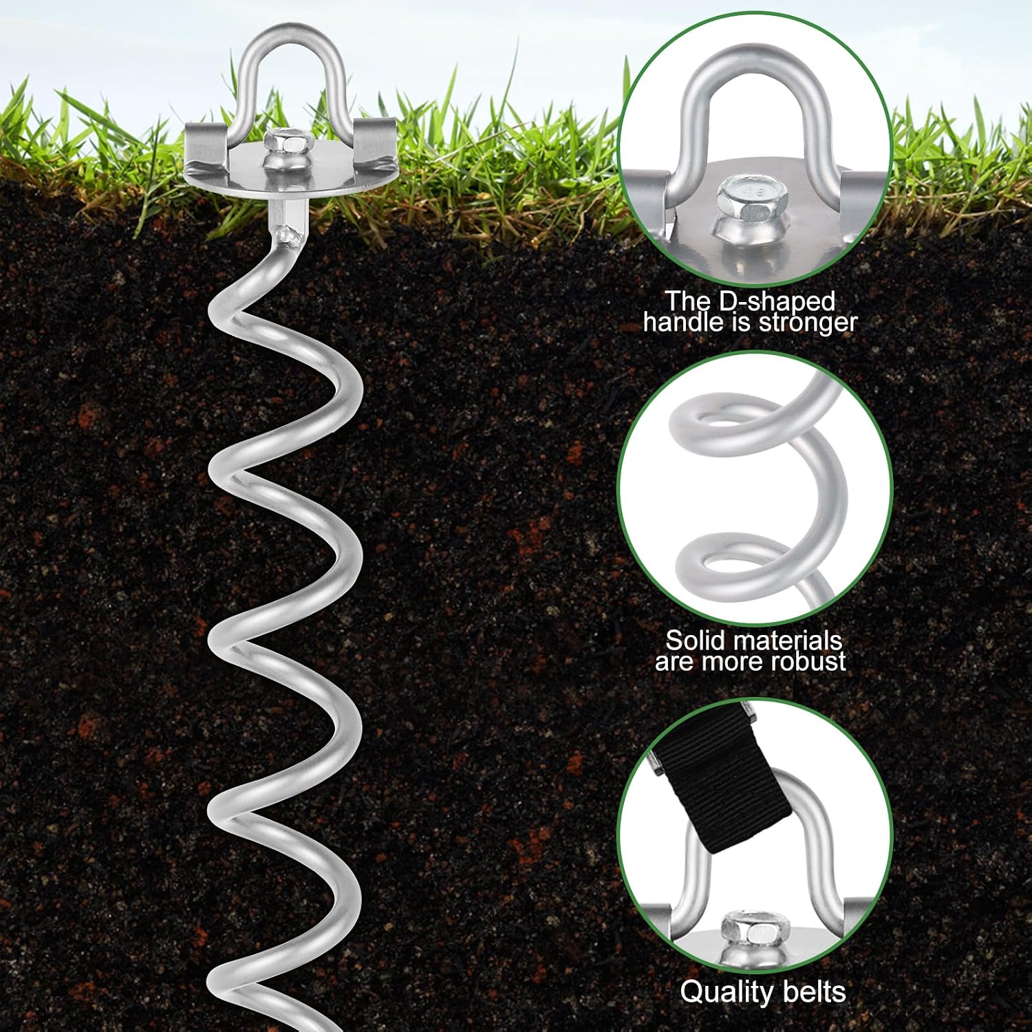 MIXXIDEA 11.4 Inch Gound Anchors Screw in, Metal Spiral Earth Anchors Kit, Heavy Duty Folding Ring Spiral Stake, Silver Ground Stakes for Tent