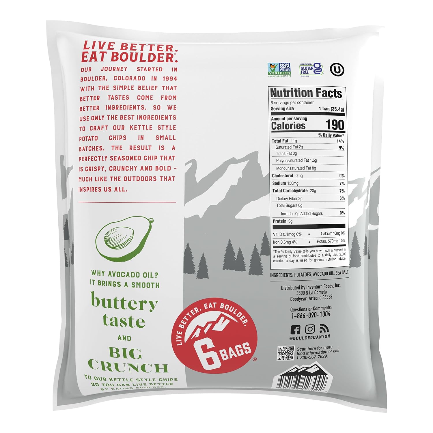Boulder Canyon Avocado Oil Sea Salt Potato Chips 6 Count, 1.25 OZ