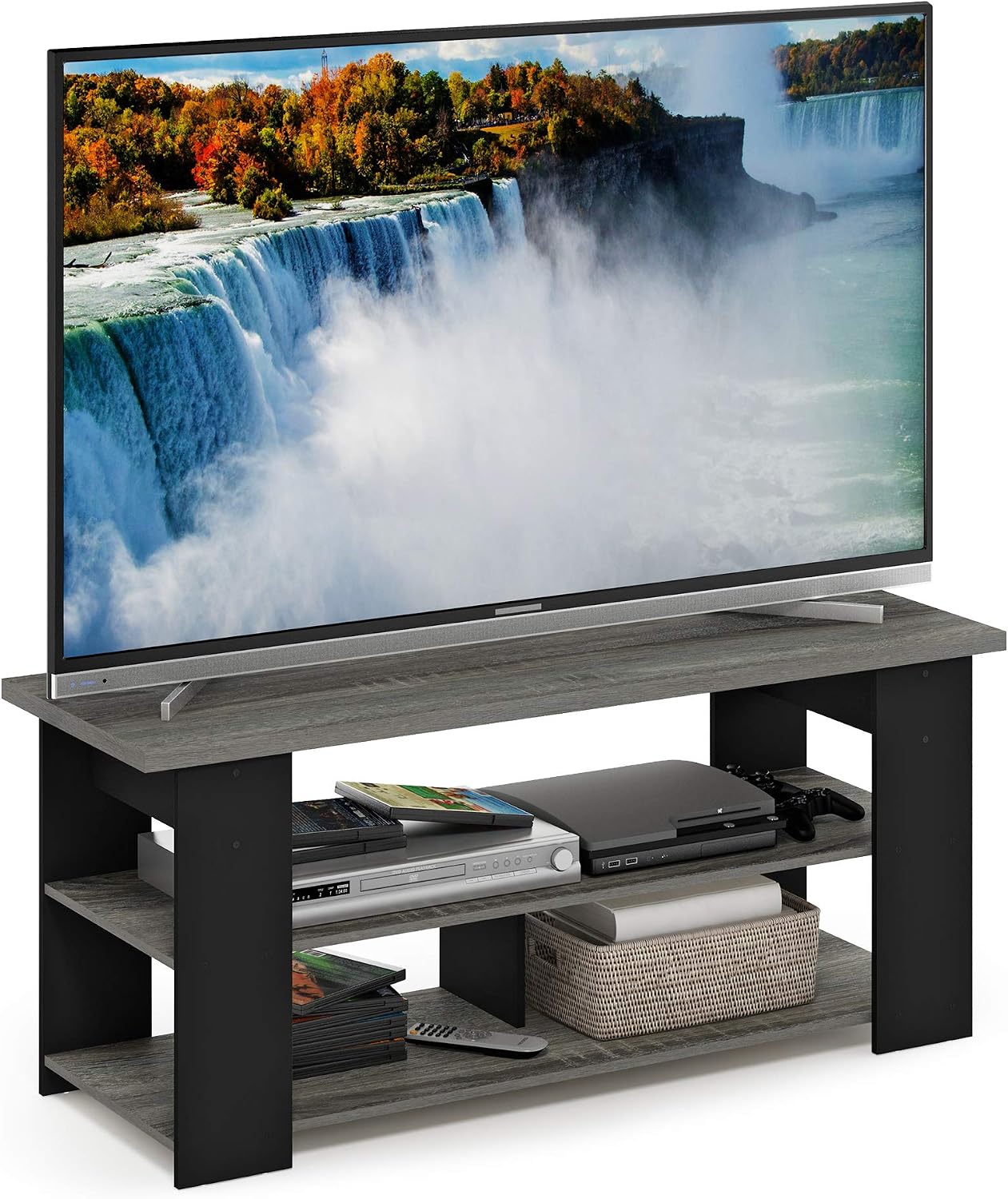 Furinno Nelly TV Stand, 3-Tier Entertainment Center with Open Shelves Storage, TV Console for TV up to 55 Inch, Soft Edges, for Living Room, Bedroom, Black