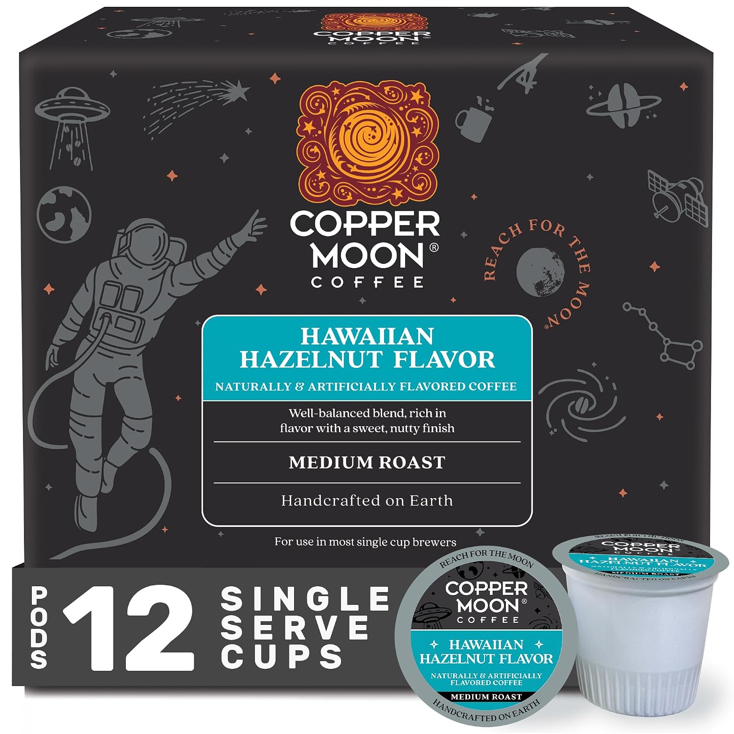 Copper Moon K-Cup Coffee Pods, Medium Roast, Hawaiian Hazelnut, 12 Count | 12 Count, Flavored Coffee, Vegan, Allergen Free, Non-GMO, Kosher, Small Batch Roasted, Compatible with Keurig K Cup Brewers