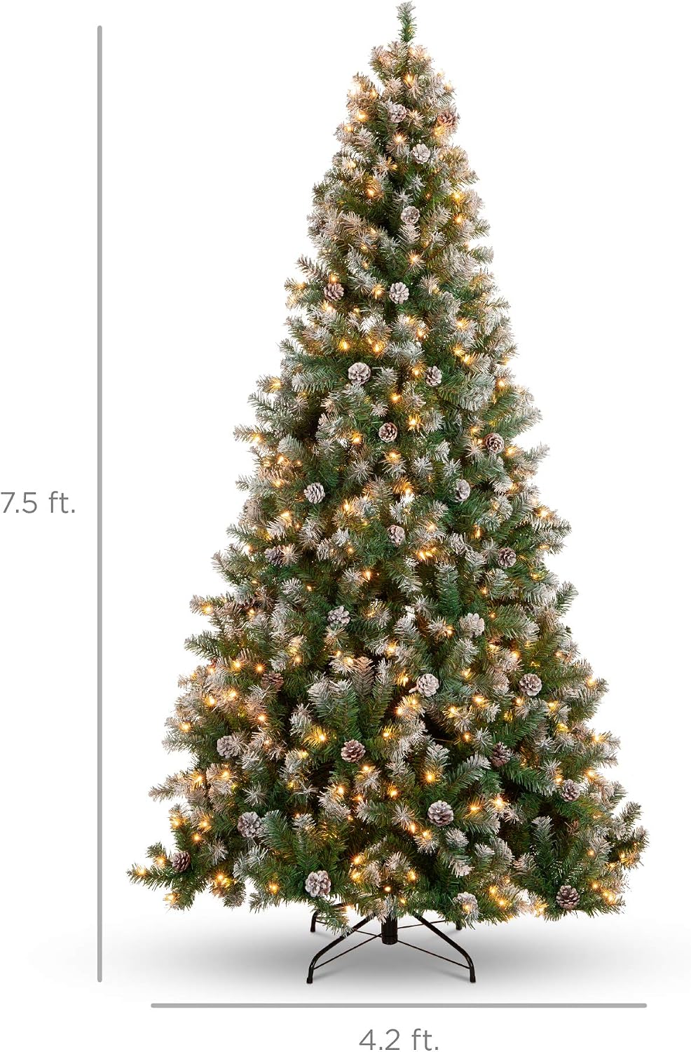 Best Choice Products 7.5ft Pre-Lit Pre-Decorated Pine Artificial Christmas Tree w/Twinkling LEDs, 1, 346 Flocked Frosted Tips, 80 Pinecones