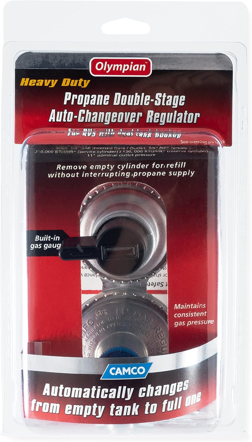 Camco Propane Double-Stage Auto-Changeover Regulator | Features Auto Switch Over from Empty to Full Propane Tank | Ideal for Refilling Propane