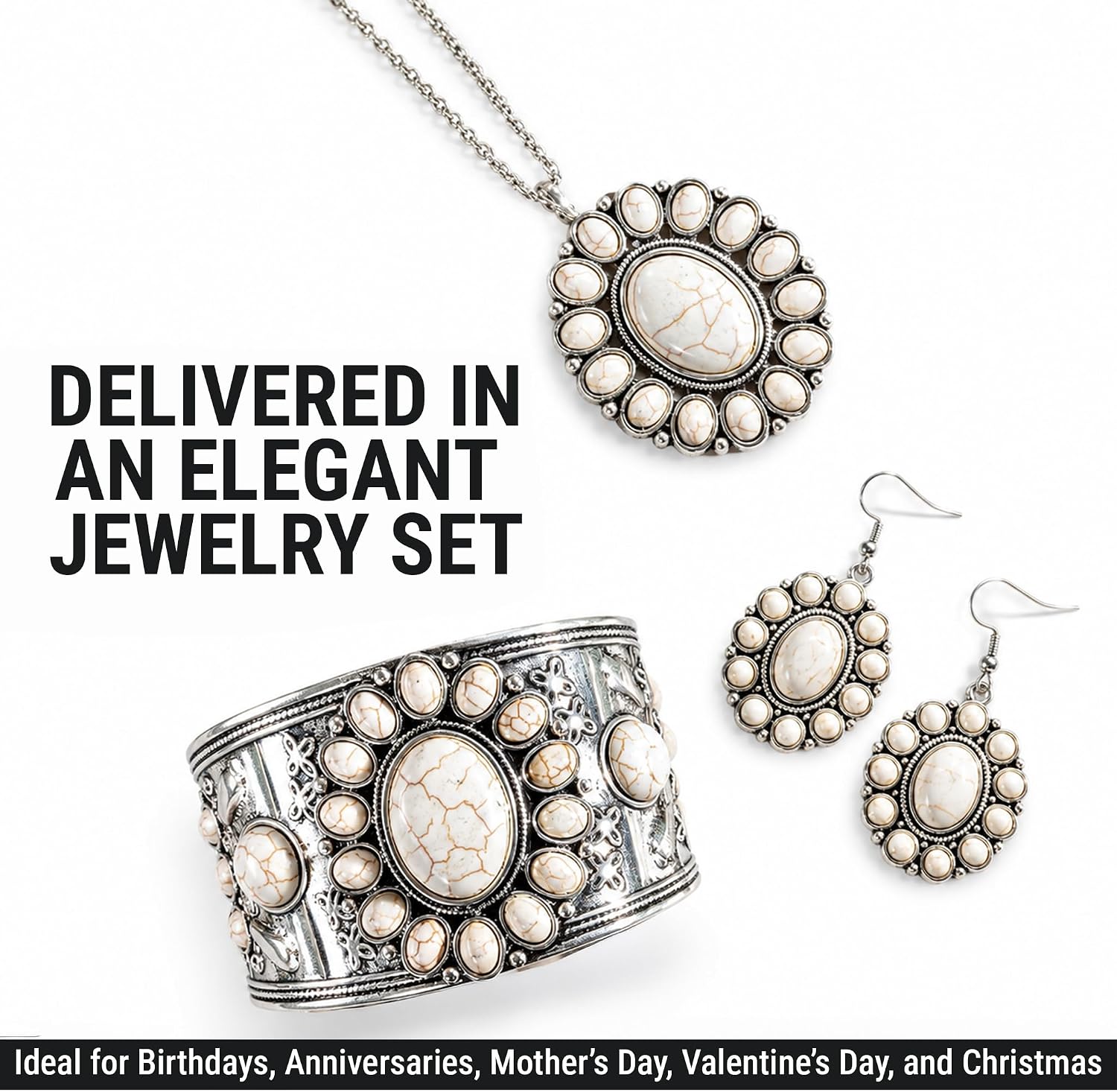 Shop LC Howlite Western Jewelry Set for Women Boho Cowgirl | 3-Piece Necklace Bracelet Earrings, Turquoise-Inspired, Chunky Statement, Southwestern
