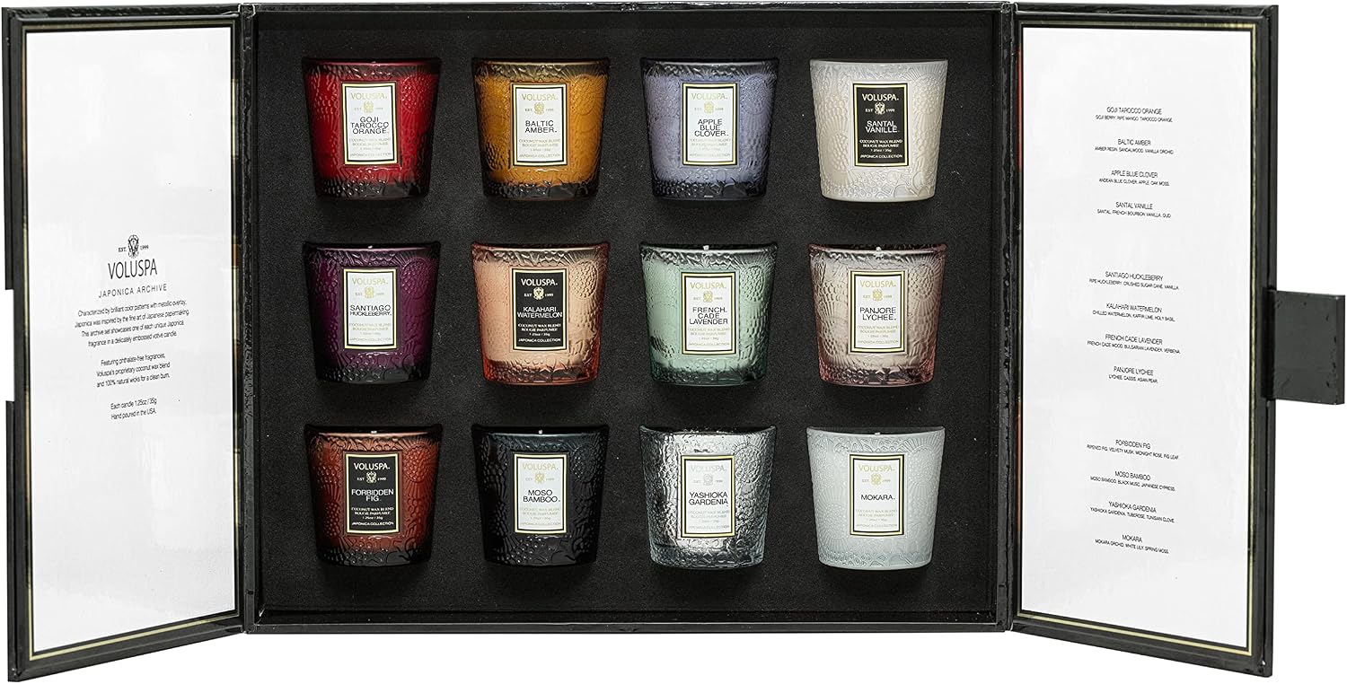 Voluspa Japonica Archive, Votive Candle Gift Set, 1.25 Ounce, 10 Hour Each Burn Time, Coconut Wax for Clean Burning, Handcrafted in the USA