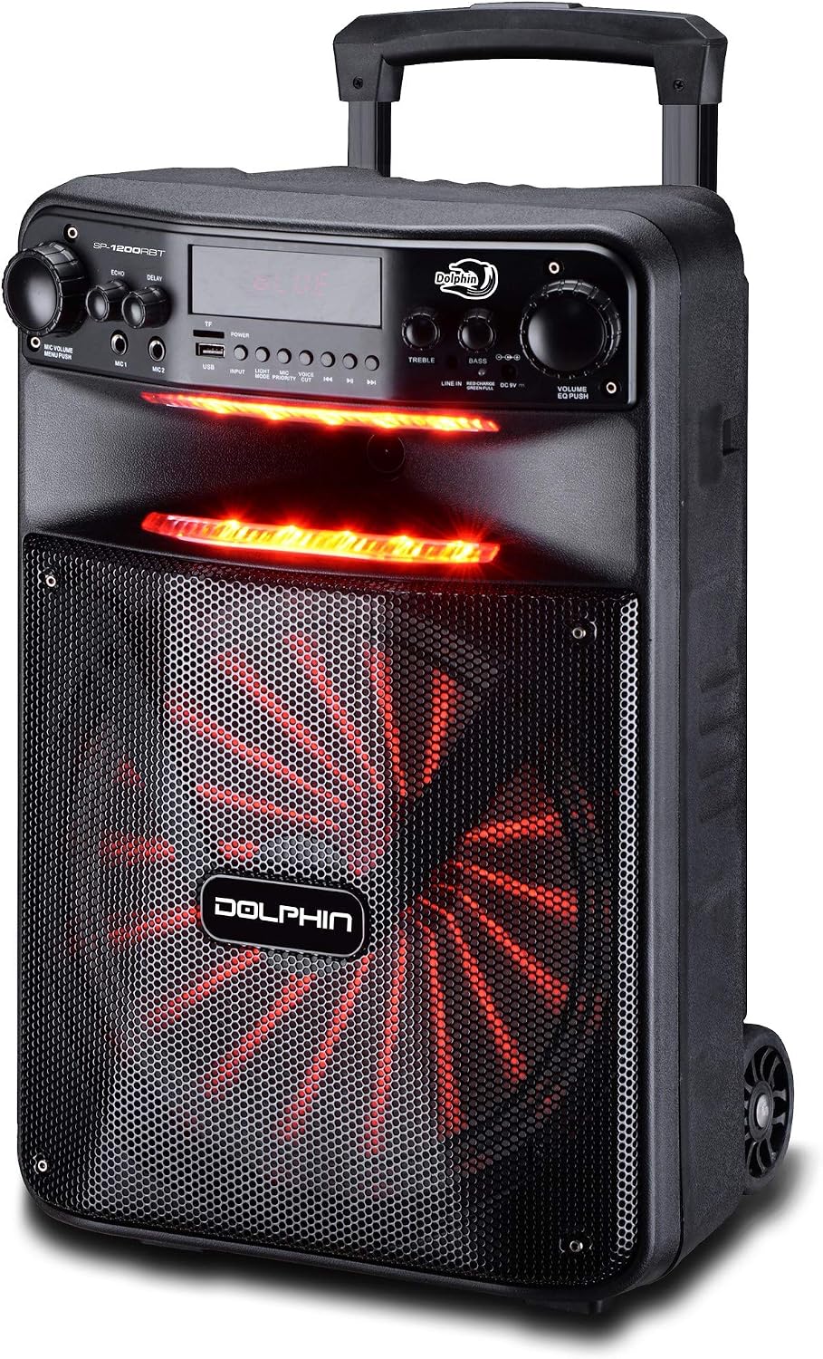 Dolphin Large Bluetooth Party Speaker, 12" Woofer | 80W Output, App Control, LED Light Show, USB, TF, FM & AUX Inputs, 2000mAh Battery, Dual Mic Jacks
