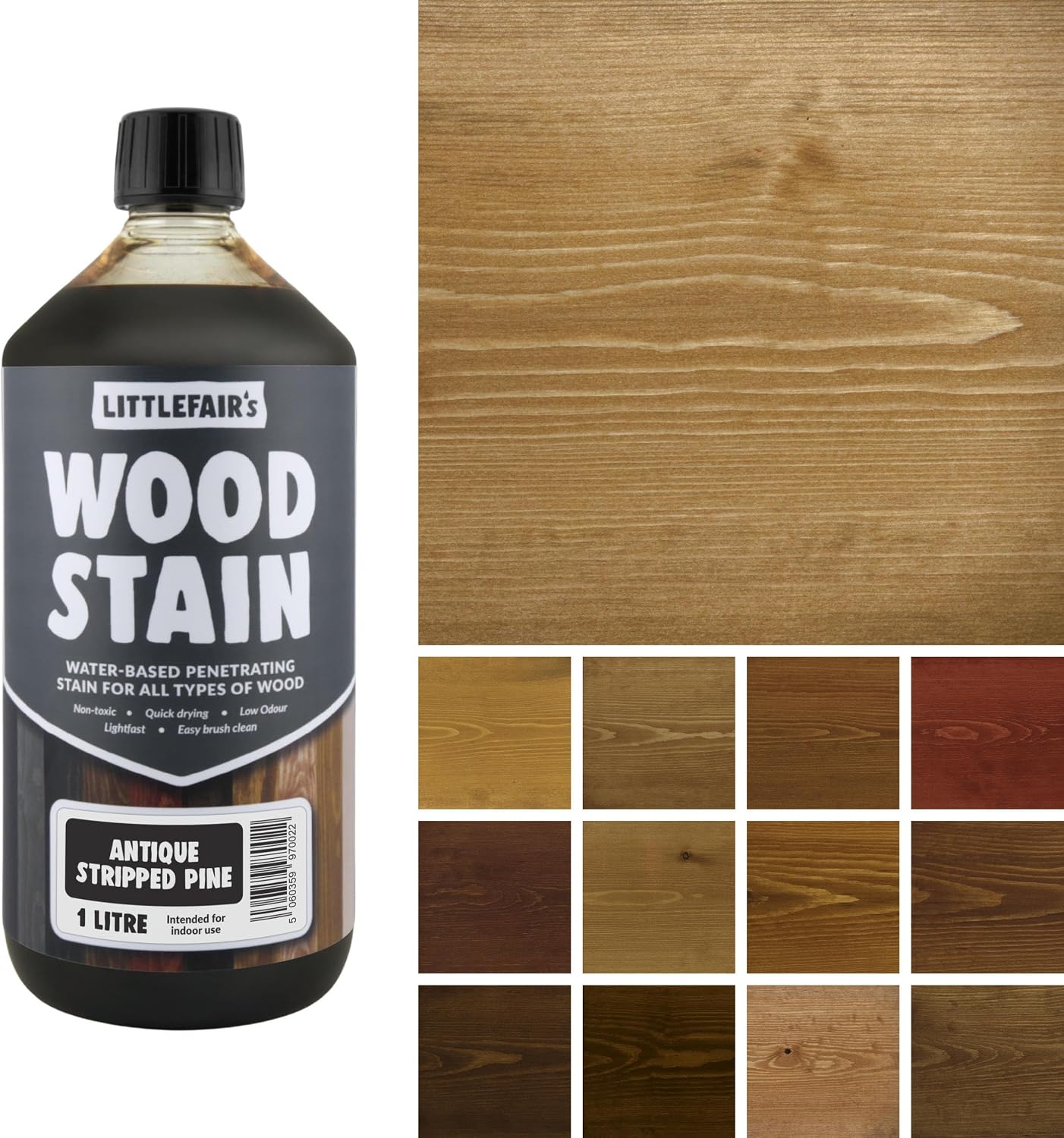 Littlefair's Wood Stain Water Based - 8.5oz/250ml - Indoor Furniture Stain Light & Dark Finishes - Special Non Toxic & Eco Friendly Formula - Wood Stain for Crafts - Color: Antique Stripped Pine