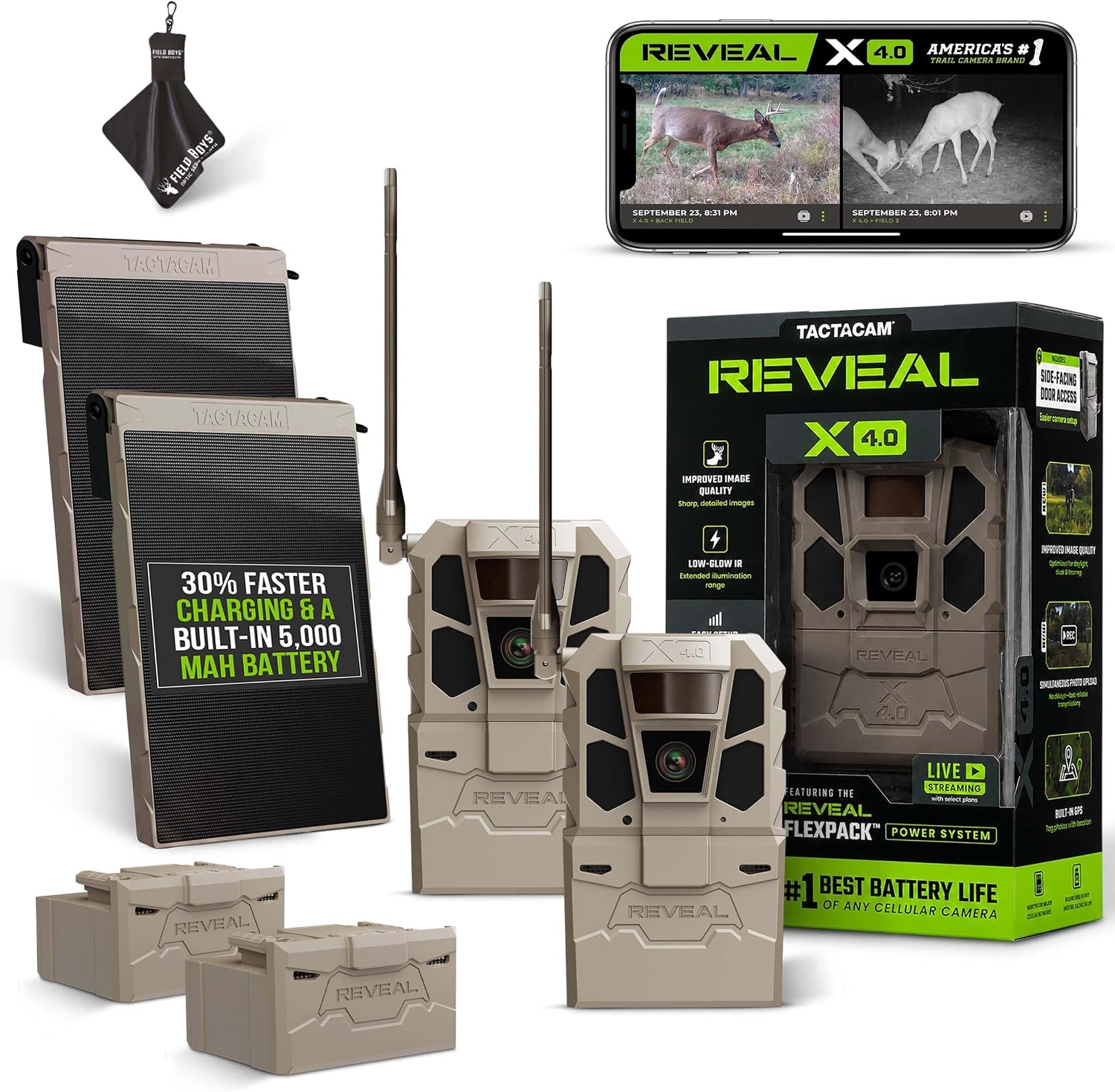 TACTACAM Reveal X 4.0 Cellular Trail Camera + FlexPack R5 + Solar R5 (2PK) | Power Bundle – Night Vision, Waterproof, 4K Photo, 1080p Video