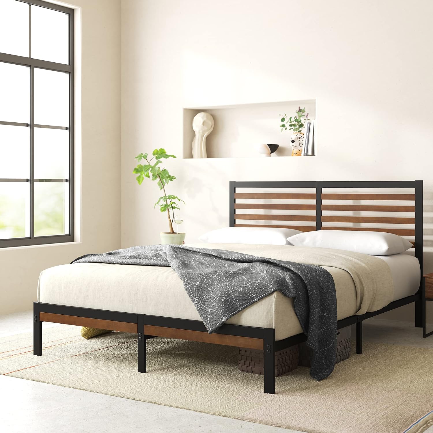 Zinus Kai Platform Bed Frame, RGB LED Lights, No Box Spring Needed, Full | Two-Tier Headboard for Space-Saving Storage, Built-in USB Charging Station, Soft Ambient Night Light