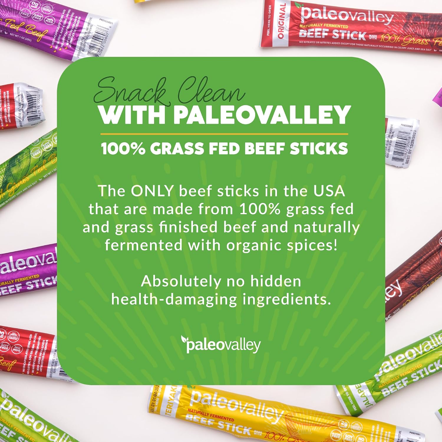 Paleovalley 100% Grass Fed Beef Sticks, Protein Snacks, Original | 10 Count, Individually Wrapped, Naturally Fermented, Gluten Free, Keto and Paleo, Made With Simple Ingredients, 6g Protein