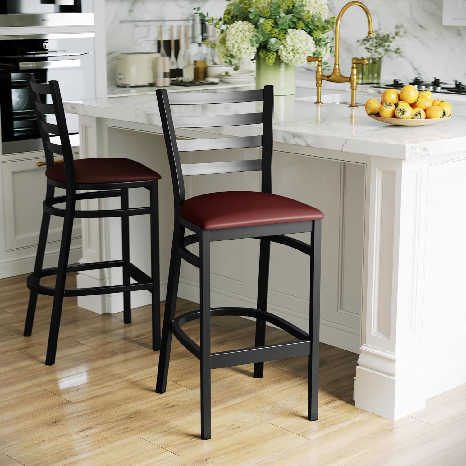 Flash Furniture Hercules Series Ladder Back Metal Restaurant Barstool, Modern Upholstered Armless Bar Height Chair for Restaurants and Kitchens, Black | Vinyl Upholstery, Durable Construction, Commercial Use