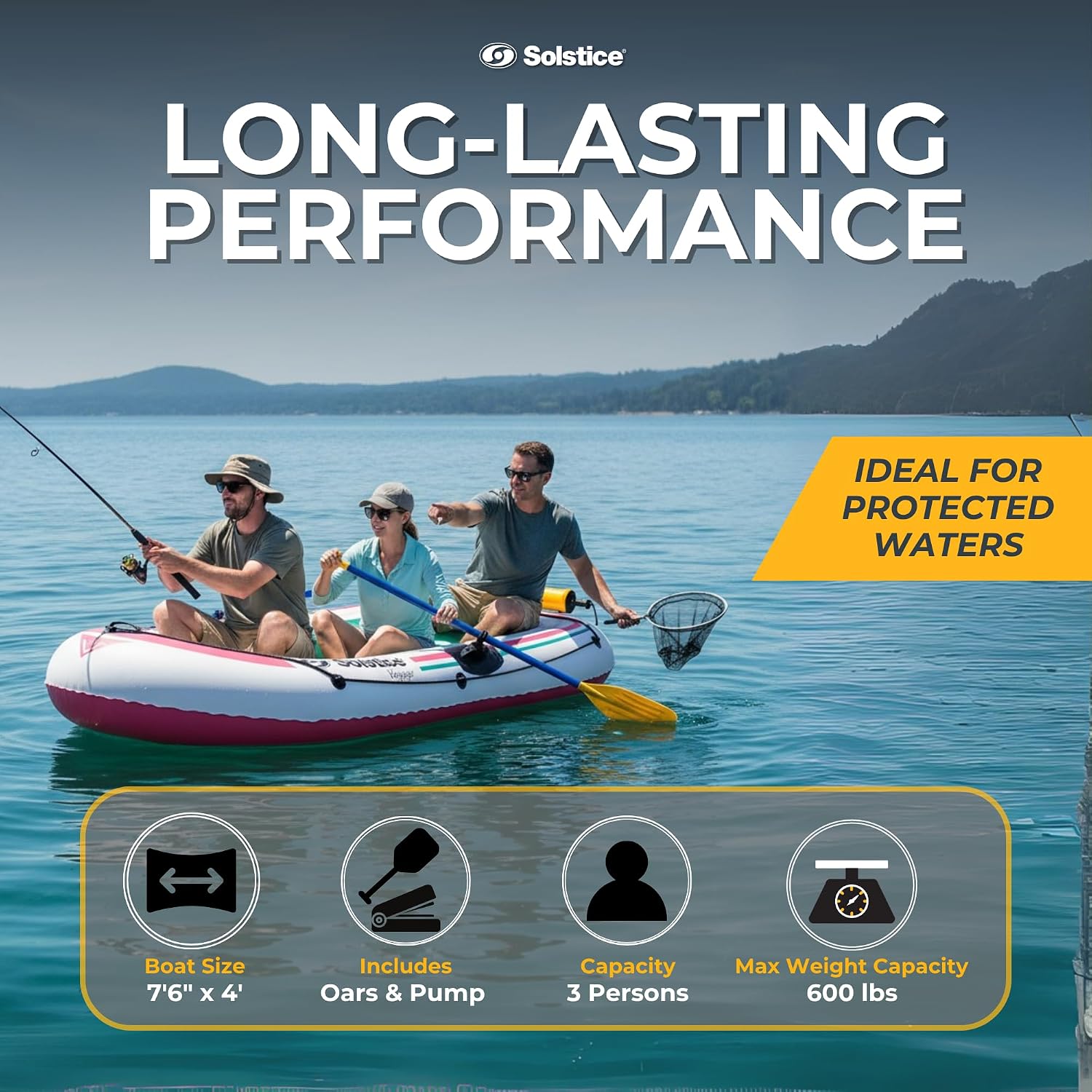 Solstice Voyager 4-Person Inflatable Fishing Boat with Dual Swivel Oar Locks and Rod -Holder, Motor Compatible 9' x 5'