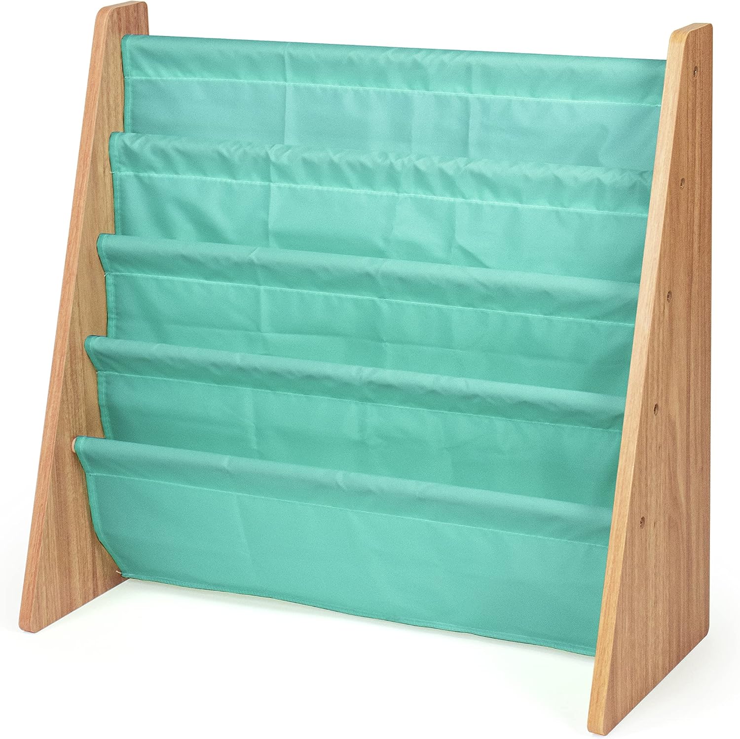 Humble Crew Kids Bookshelf, Montessori Front Facing Toddler Bookcase 4 Tier | Book display rack and reading nook organizer, nylon pockets show covers face out, compact for any playroom or bedroom space