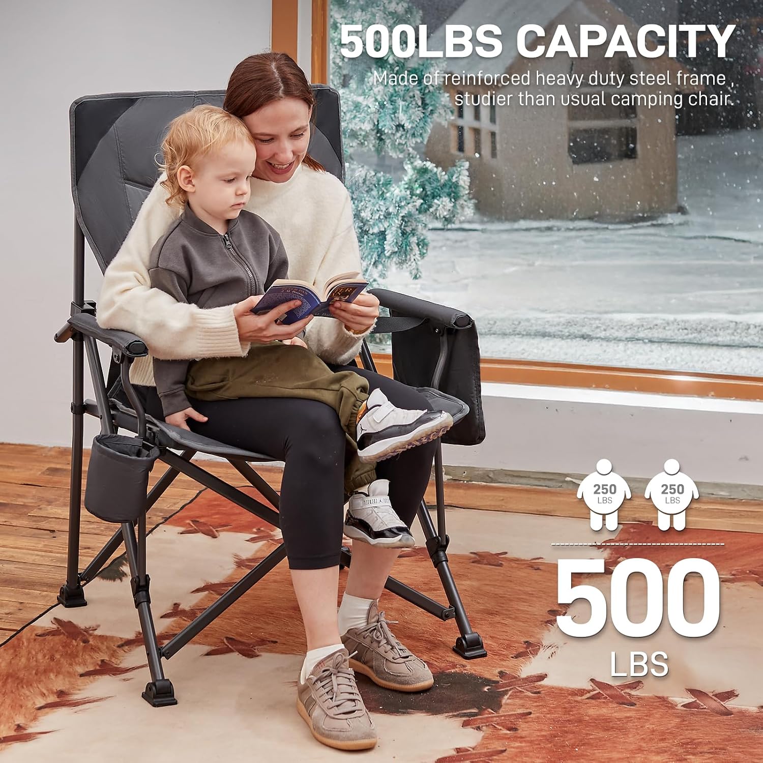 EVER ADVANCED Oversized Folding Camping Chair for Adults with Adjustable Lumbar Support, Heavy Duty Chair with Side Pockets, Portable Collapsible Quad Chair for Outside