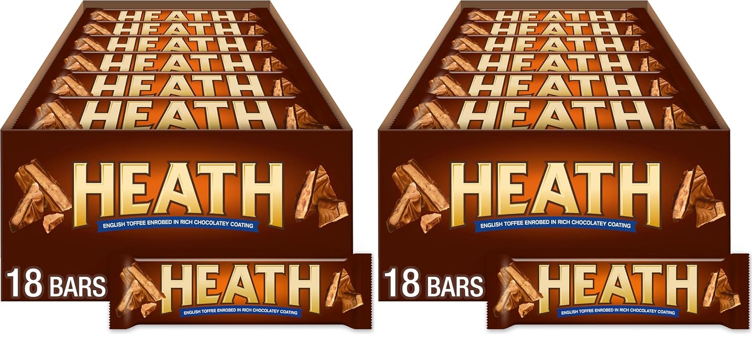 HEATH Chocolatey English Toffee Candy Bars, 1.4 oz, 18 ct | Crunchy English Toffee Bars Covered in Chocolatey Coating, Kosher and Individually Wrapped for Parties and Sharing, 18 ct