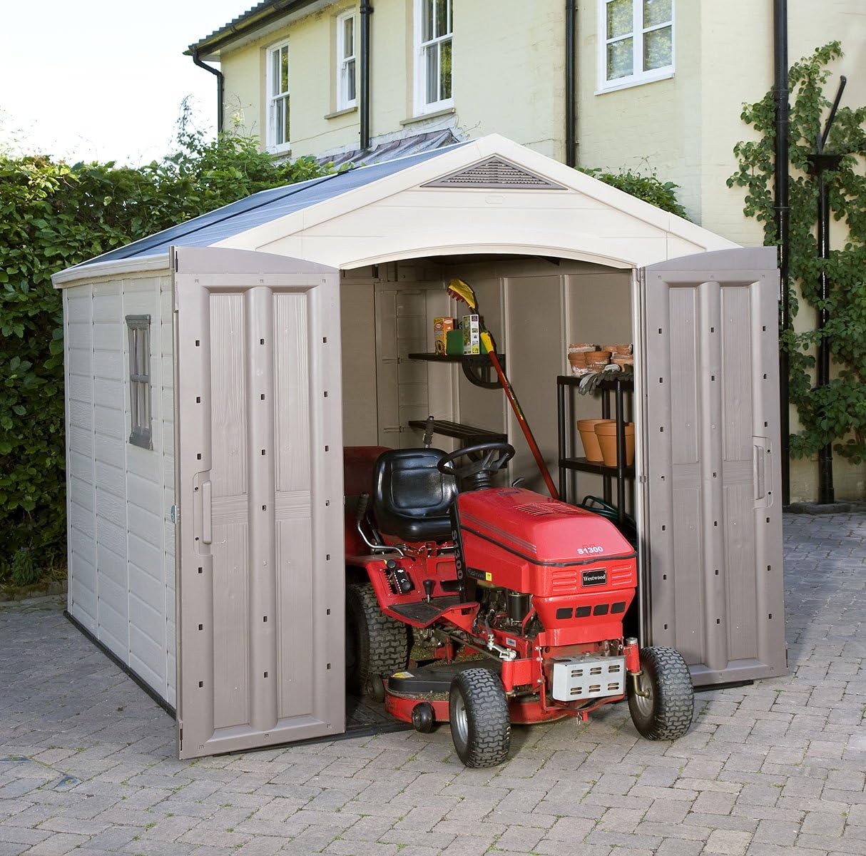 Keter Factor (8x6 ft) Large Resin Outdoor Storage Shed for Patio Furniture, Lawn Mower, Garden Accessories Yard Tools, and Pool Toys, Taupe