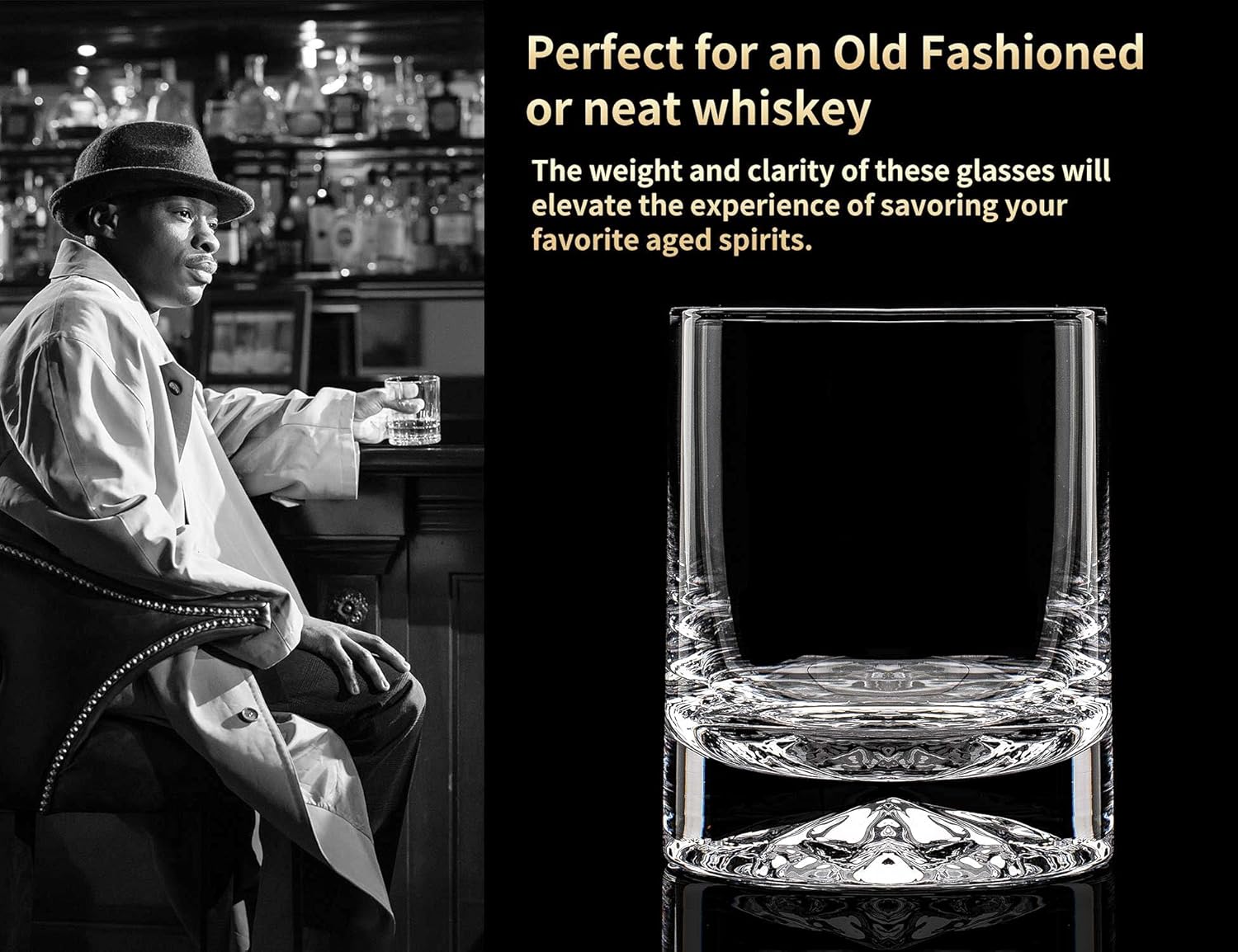 JBHO Hand Blown Crystal Double Old Fashioned Cocktail, Solid Whiskey Glasses, Rocks Glasses