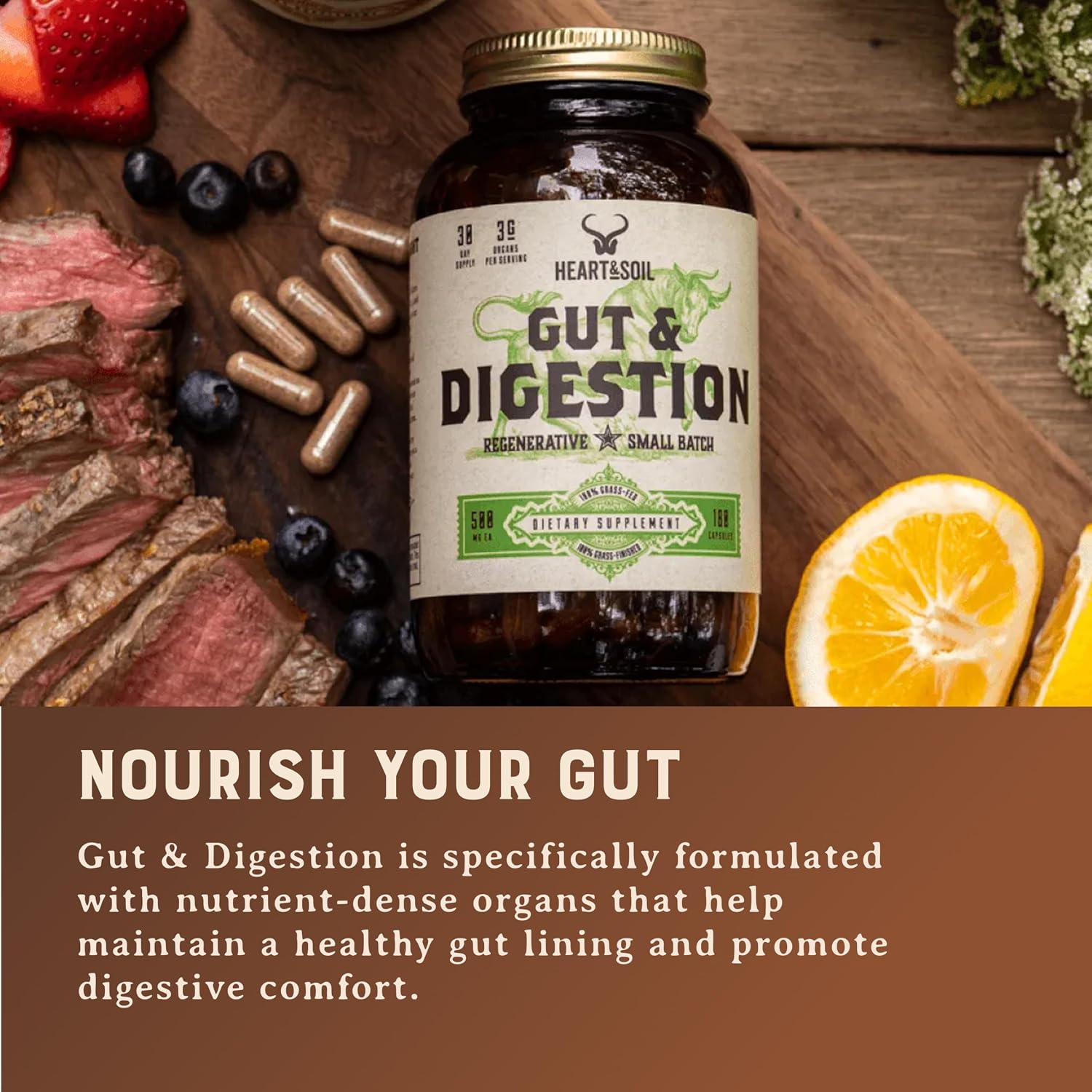 HEART & SOIL Gut & Digestion Supplement, 180 Capsules