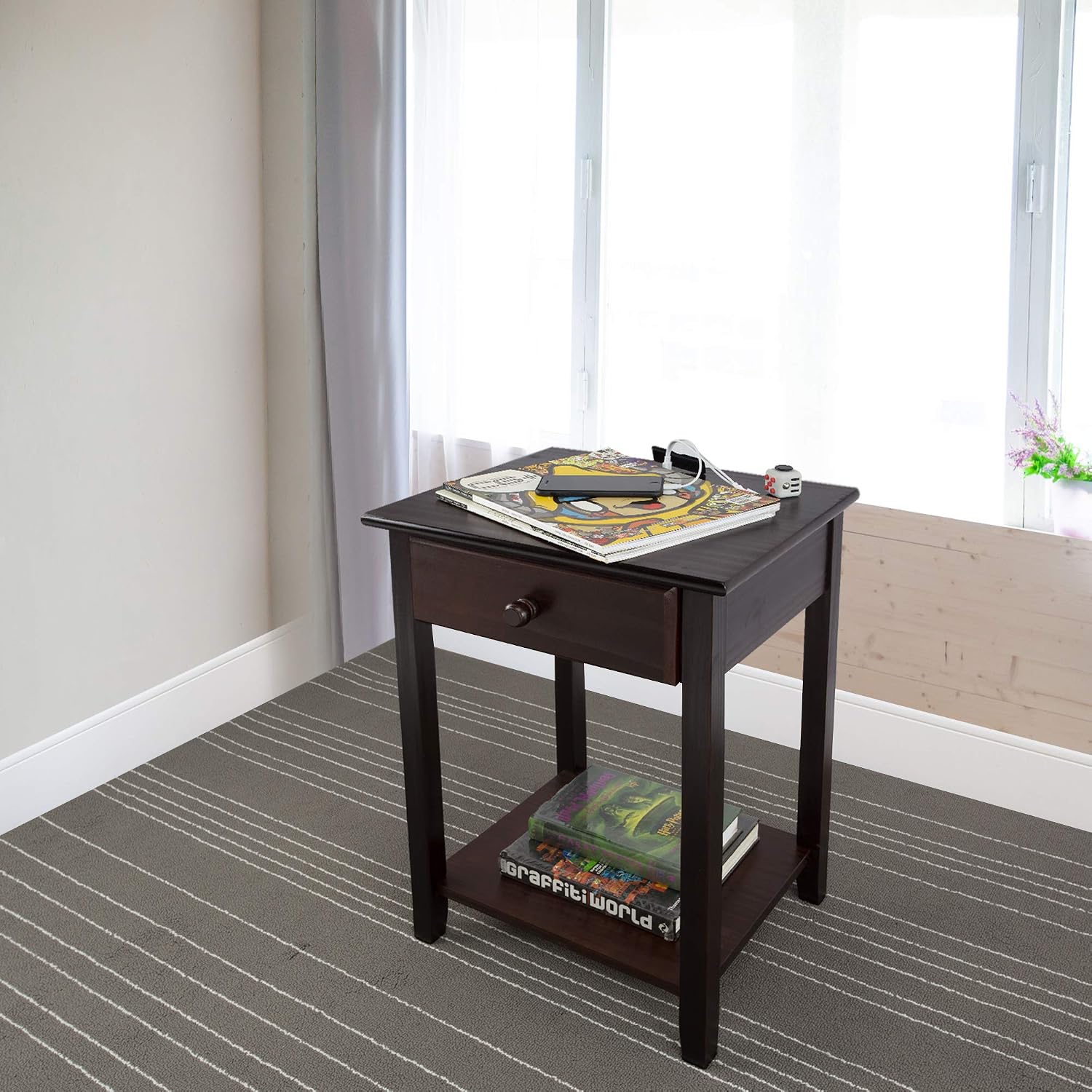 Casual Home Owl Night Stand with USB Port Charging Station and Drawer, 17.5"W x 14.25"D x 24.5"H, Espresso