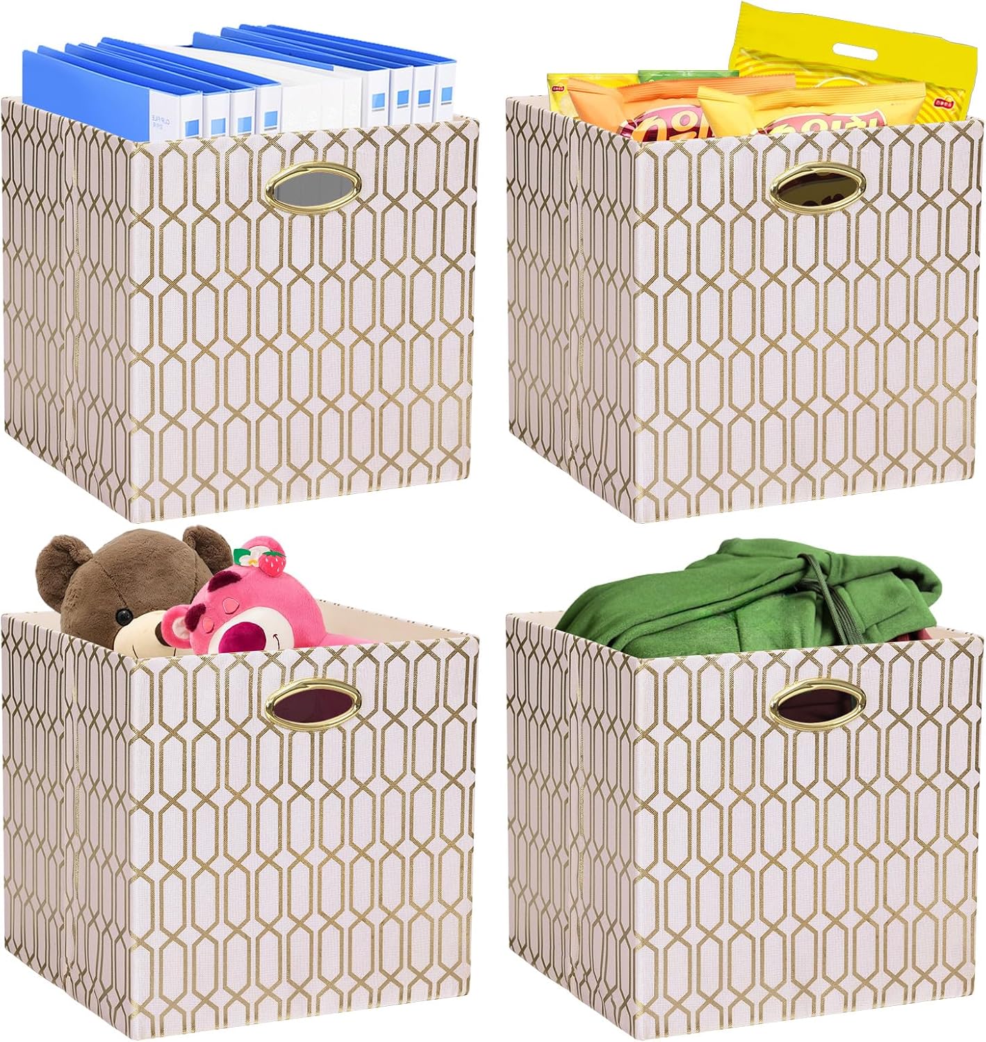 Posprica Storage Bins, Storage Cubes,13×13 Fabric Drawers Organizer Basket Boxes Containers (13×13×13/4pcs, Cream/gold geometry Pattern)