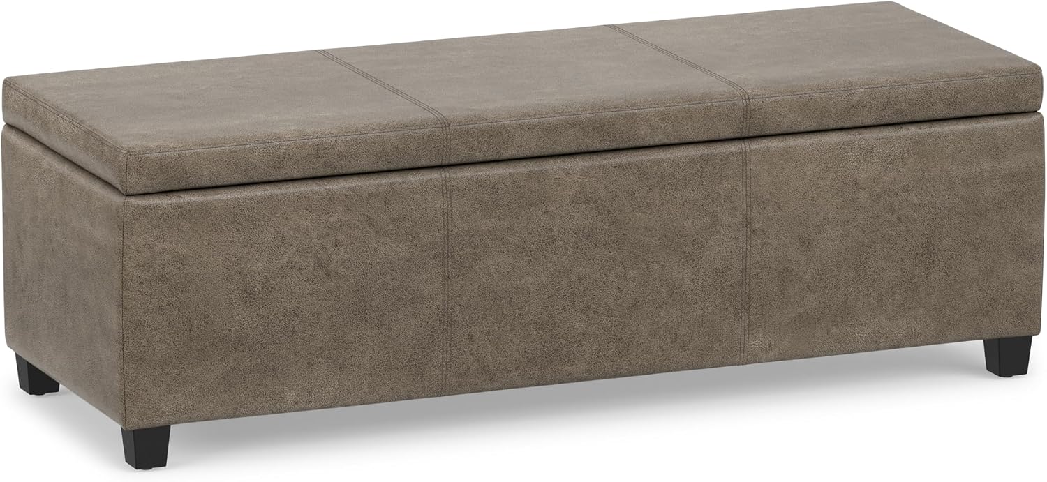 SIMPLIHOME Avalon 48" Wide Vegan Leather Storage Ottoman in Brown