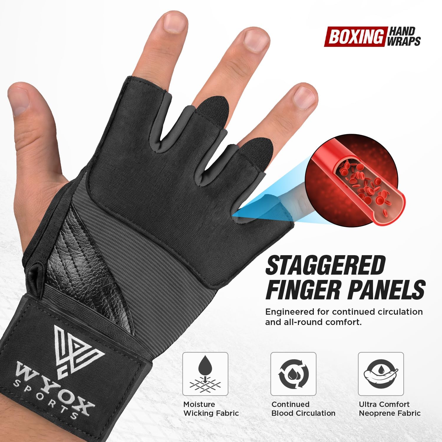 WYOX Neoprene Gel Boxing Hand Wraps Inner Gloves for Men & Women – 80cm/31in Quick Wrist Strap, Padded Knuckle Protection