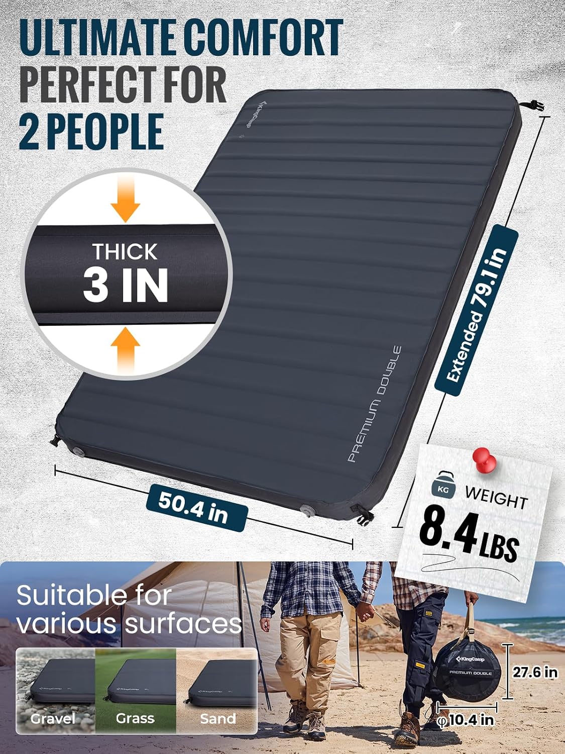KingCamp Premium Double Camping Mattress, 7.5 R-Value, 2 Person Black