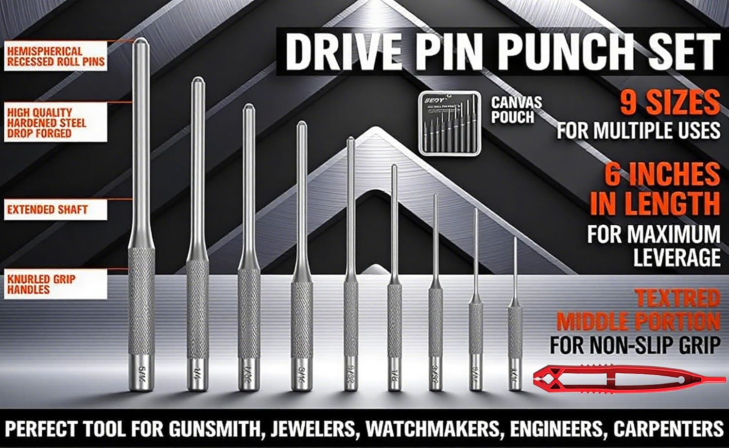 9-Piece Roll Pin Punch Set - Fast Pin Removal - Durable Steel & Construction - For Automotive, Firearm Maintenance, Watch