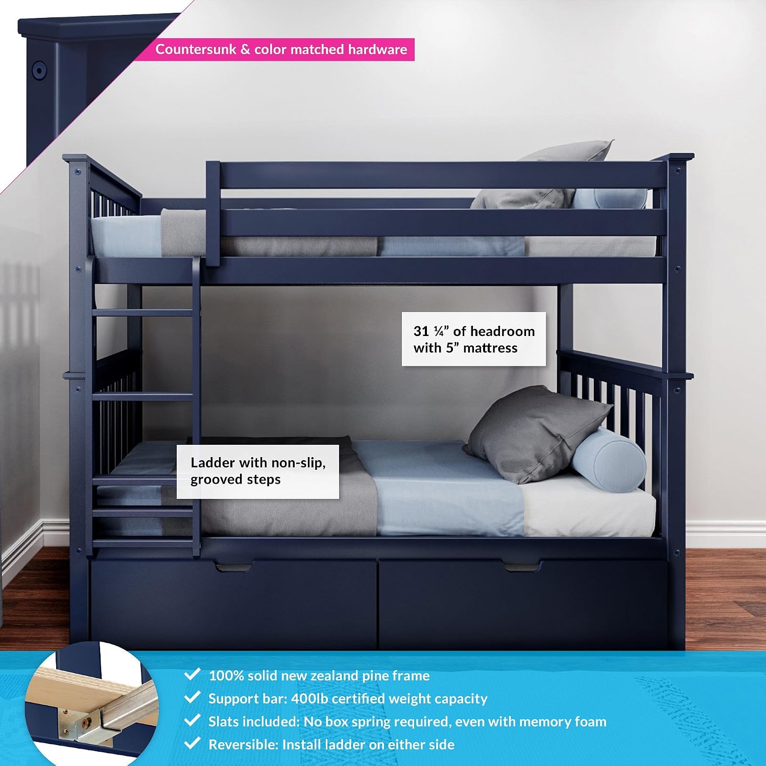 Max & Lily Bunk Bed Twin over Twin, Solid Wood Bunk Bed Frame with Ladder for Kids, 14" Safety Guardrails, Easy Assembly, No Box Spring Needed, White