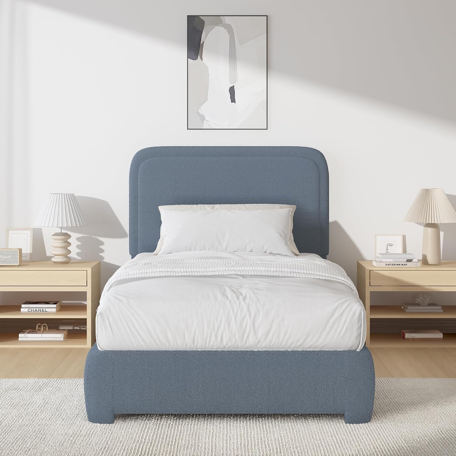 BarnFurin Full Bed Frame, Cloud Boucle Headboard, Rounded Corners, White | Soft boucle and rounded edges create a low-profile cloud look. Wooden slats support the mattress without a box spring