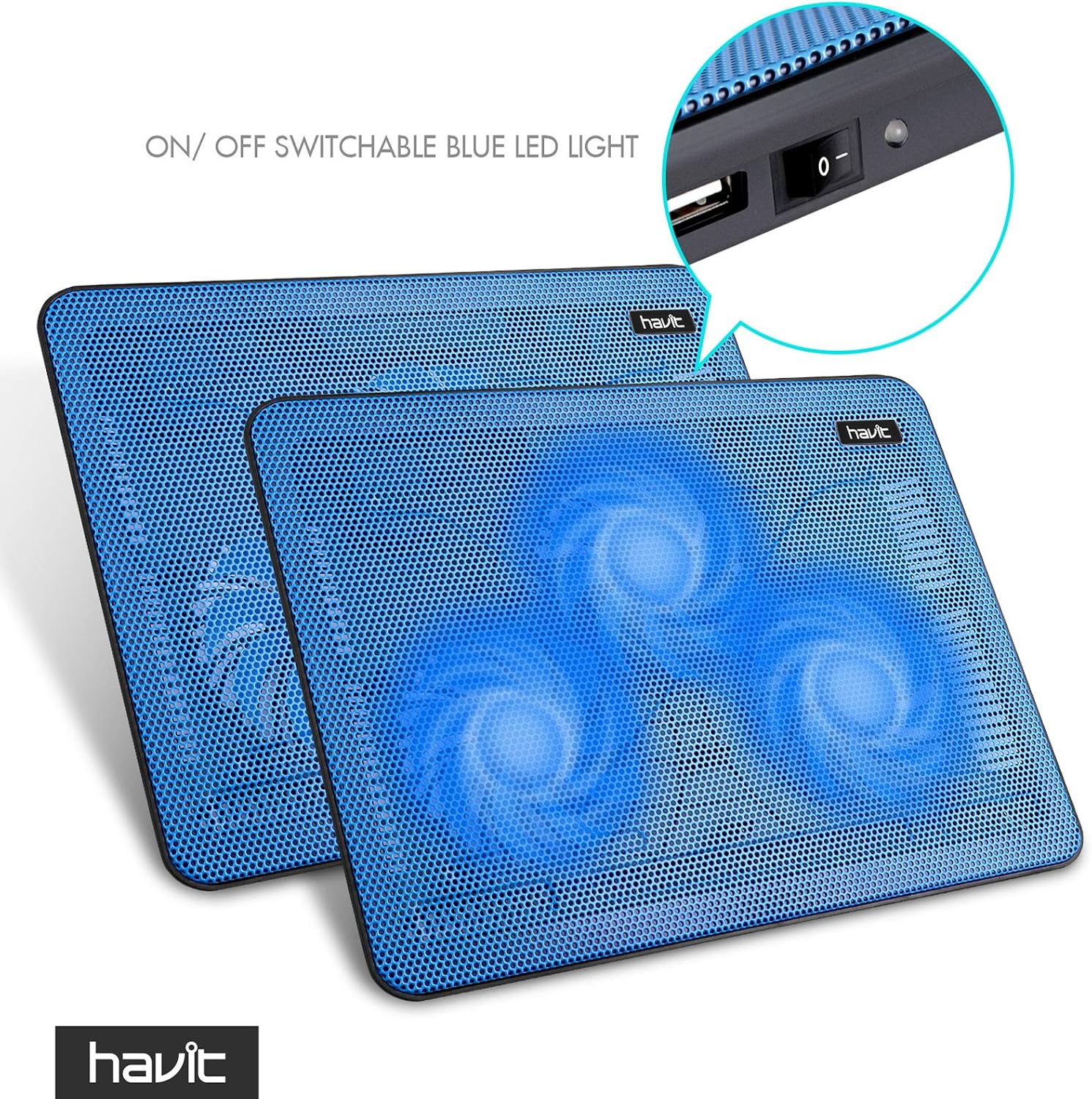 havit HV-F2056 15.6"-17" Laptop Cooler Cooling Pad - Slim Portable USB Powered (3 Fans), Black/Blue | Three quiet USB-powered fans circulate air below the laptop, two height settings improve viewing and typing comfort
