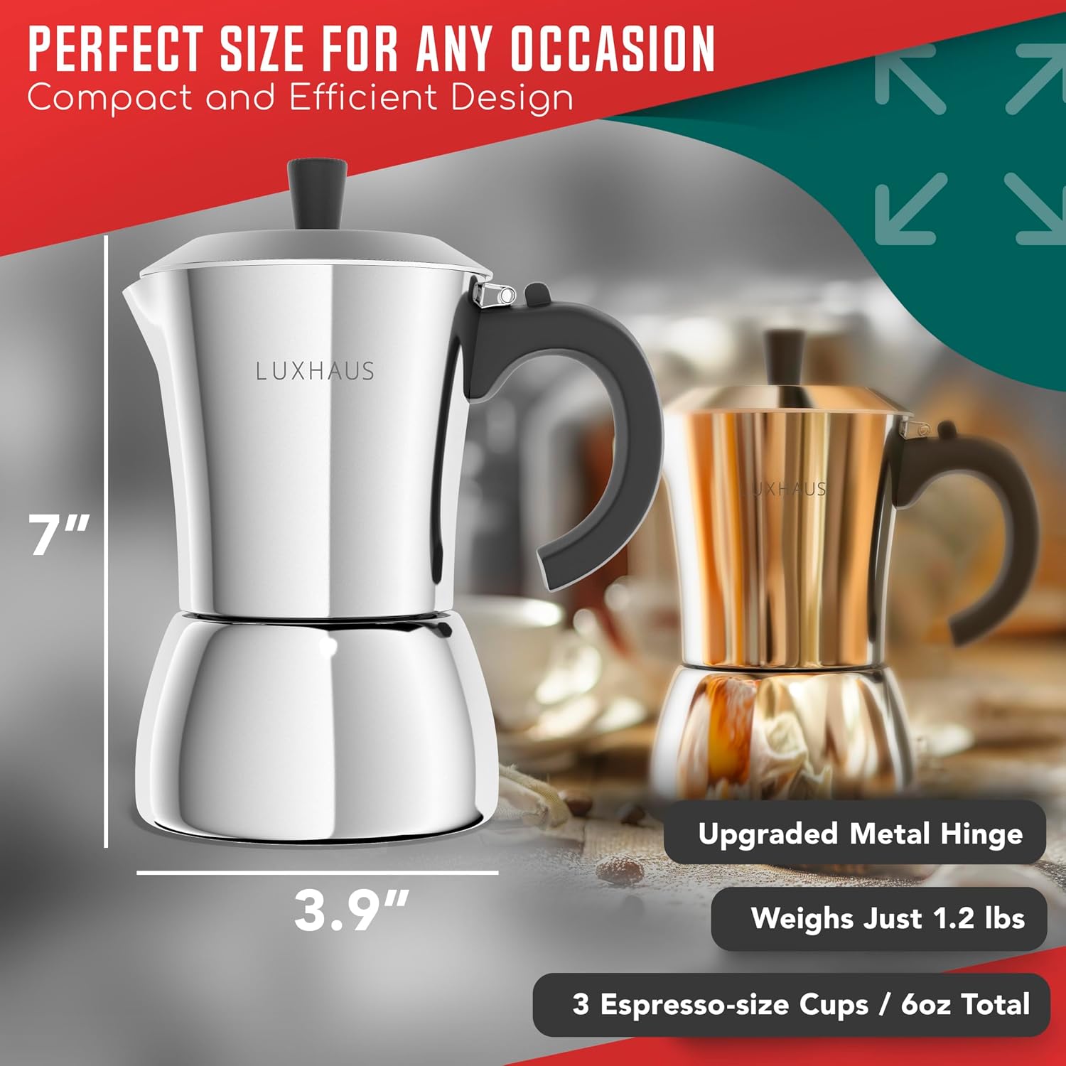 LuxHaus 3 Cup Moka Pot (2oz each cup - 6oz total) Stovetop Espresso Maker - Stainless Steel Italian and Cuban Mocha Coffee Maker