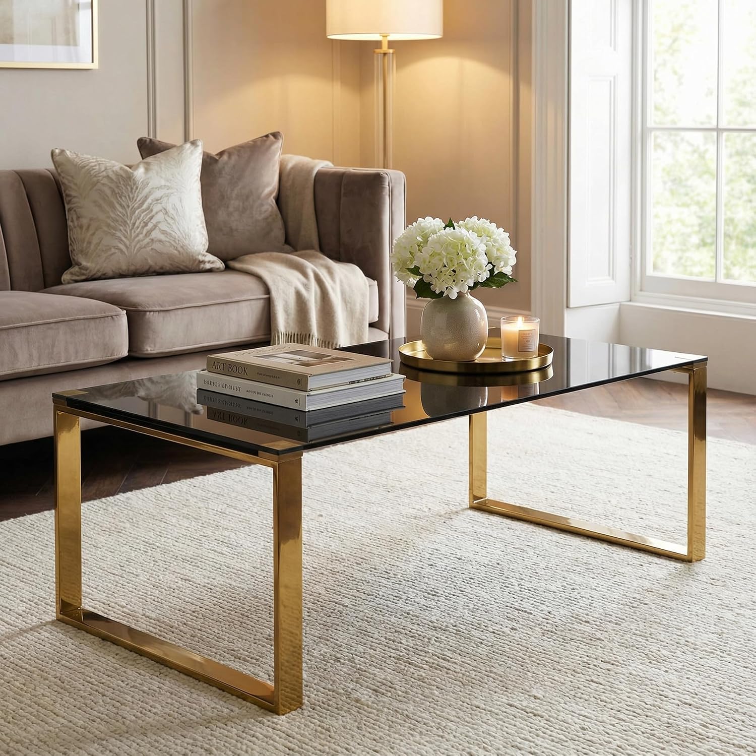 Cortesi Home CH-ET636045 Remini End Table, Gold Metal and Black Glass, End Table 18"