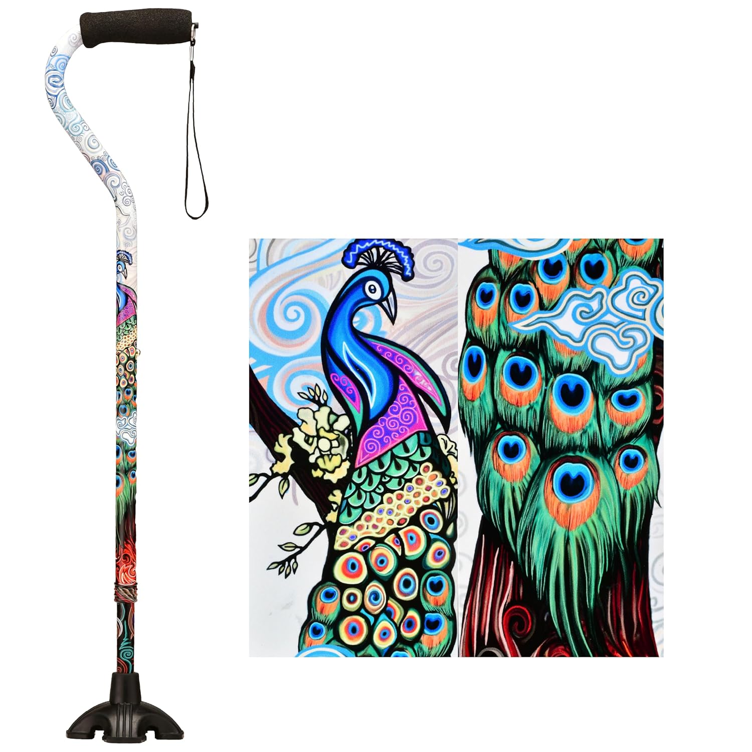 Nova Joy Designer Offset Quad Cane for Seniors - Unisex Adjustable Lightweight Walking Aid with Foam Handle, Wrist Strap and Anti-Rattle Lock - Essential Mobility Support - Maui Flowers