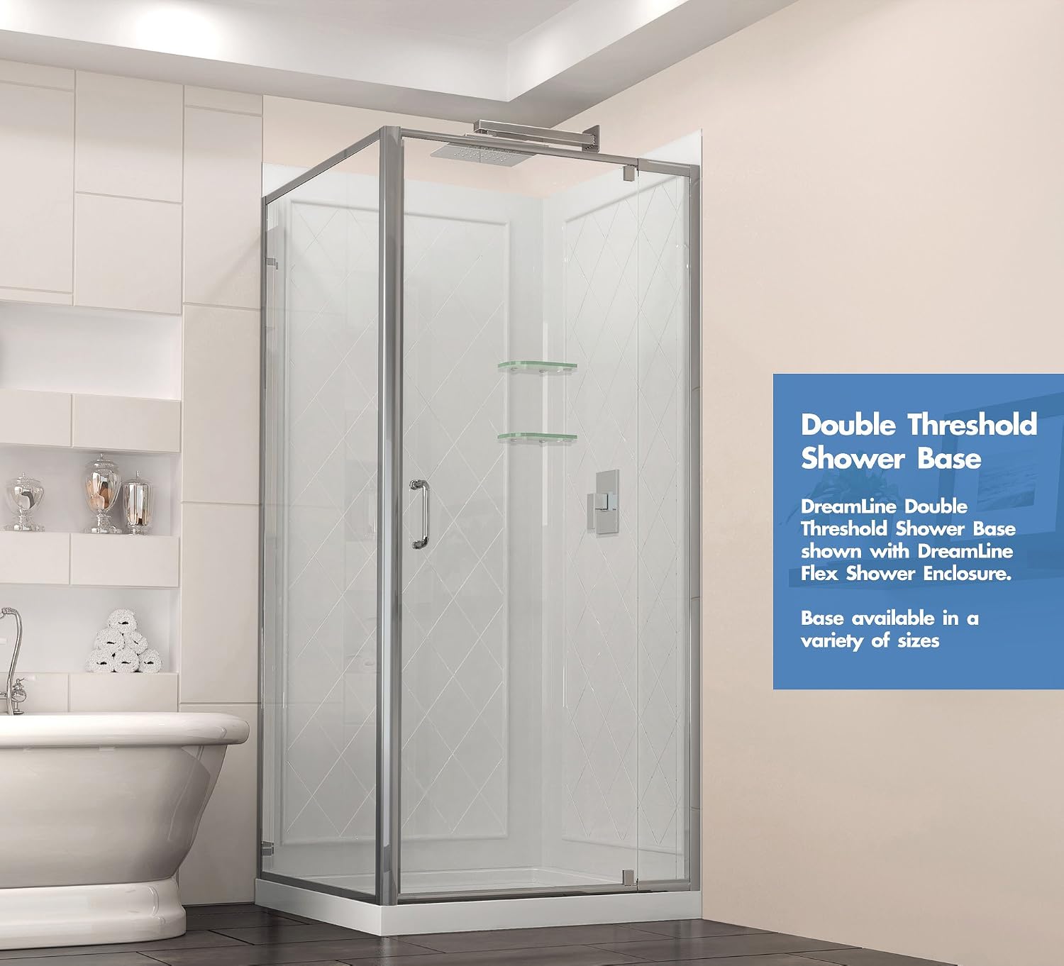 DreamLine SlimLine 34 in. D x 48 in. W x 2 3/4 in. H Right Drain Double Threshold Shower Base in White, DLT-1034482
