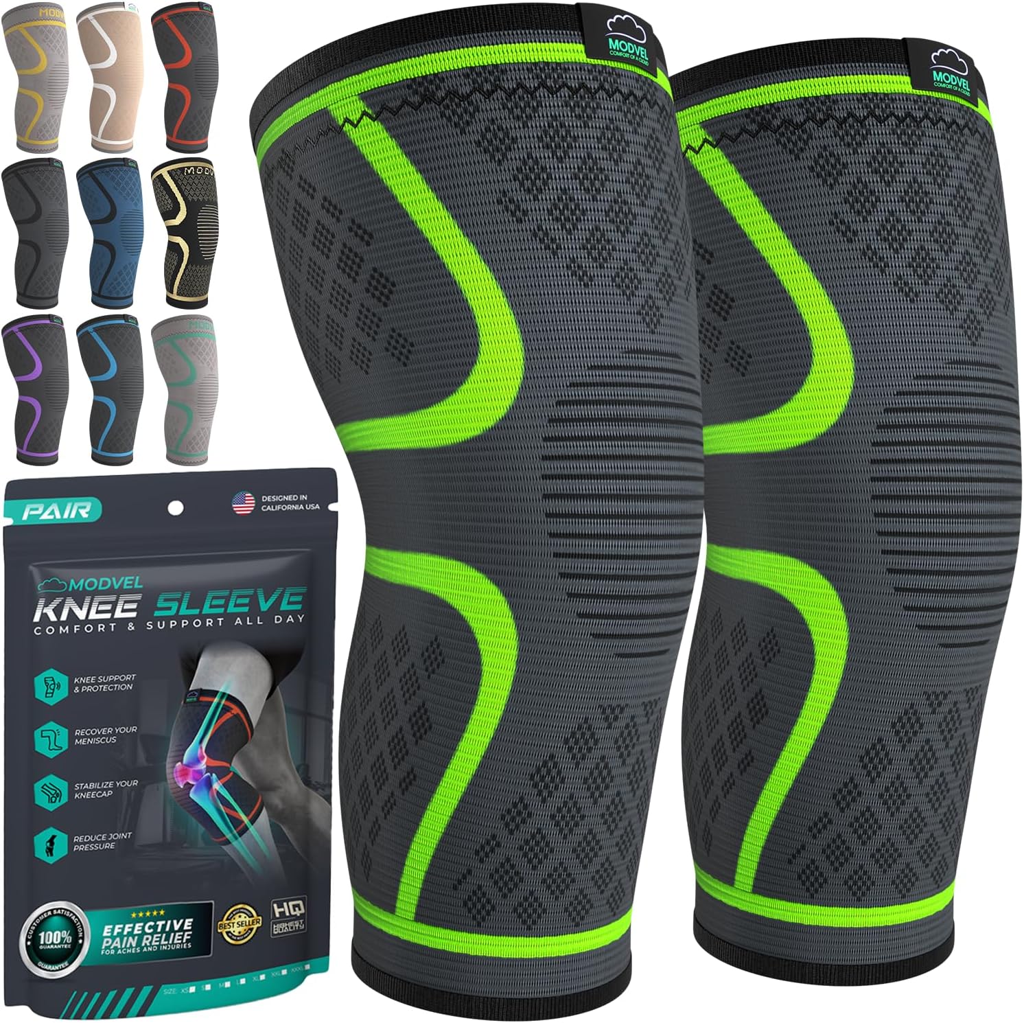 Modvel Compression Knee Brace for Women & Men - 2 Pack Knee Brace for Women Running Knee Pain, Knee Support Compression Sleeve