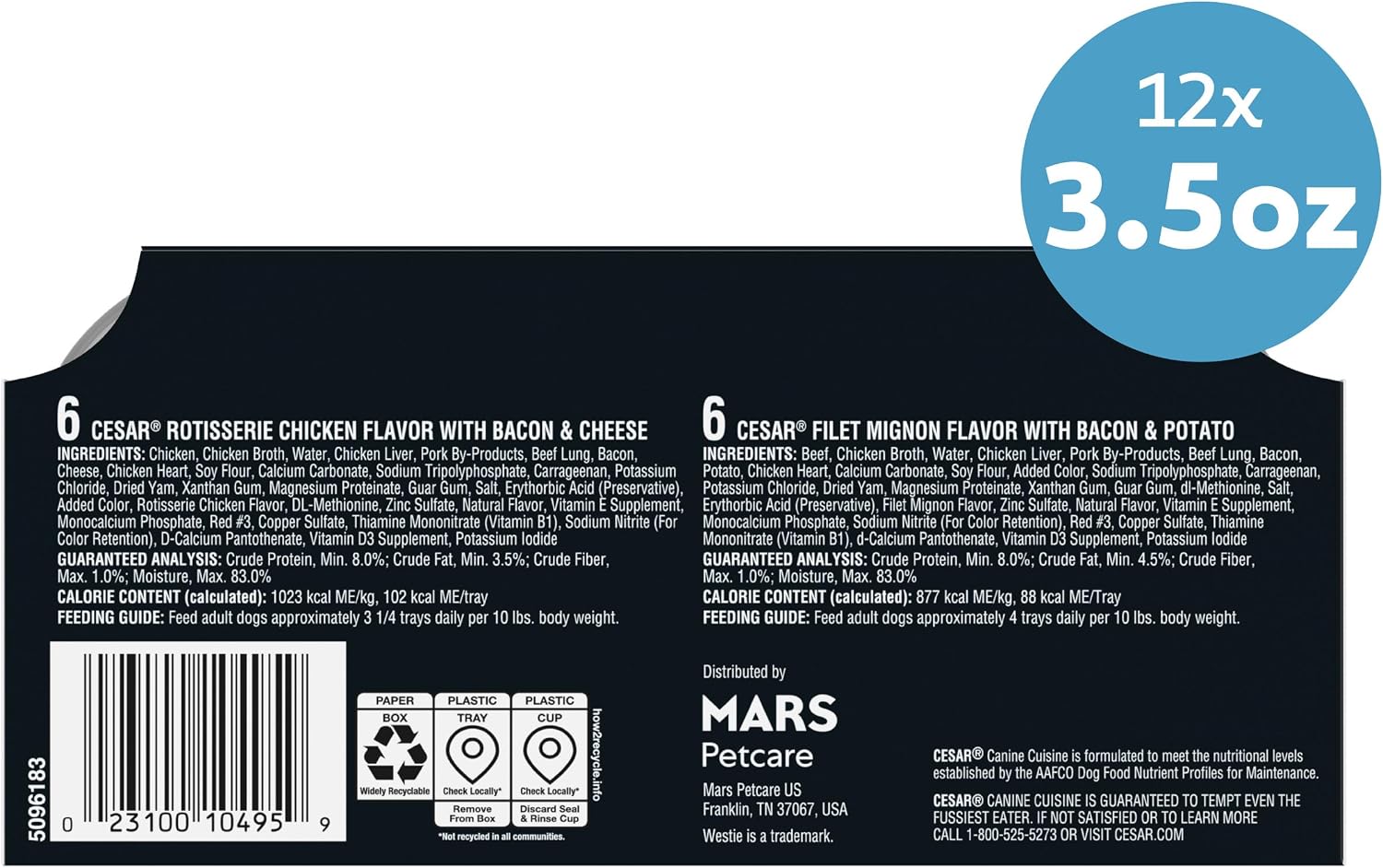 Cesar Loaf & Topper Wet Dog Food, Chicken & Filet, 3.5 oz, 12 Count, 2-Pack | Real beef or chicken #1 ingredient, no fillers or added sugar, no artificial flavors, complete & balanced, easy peel trays