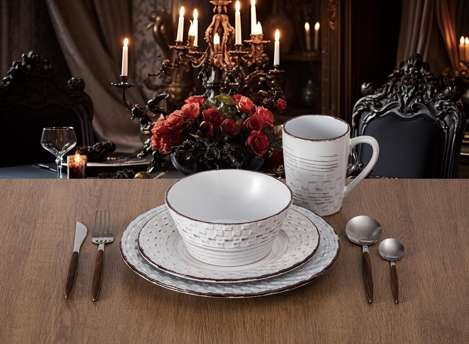Lorren Home Trends Distressed Weave Dinnerware Set, Buttercup, 16 Piece | Service for 4