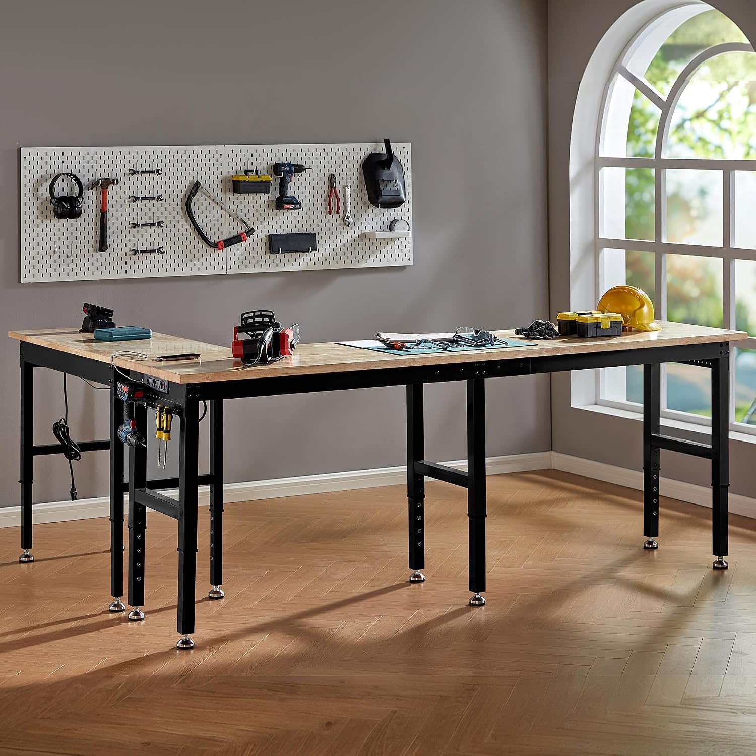 Albott 44 x 20-Inch Adjustable Workbench | 2000 Lbs Capacity, Solid Rubber Wood Top, Power Outlets and Hooks, for Garage, Workshop and Home Office, Black