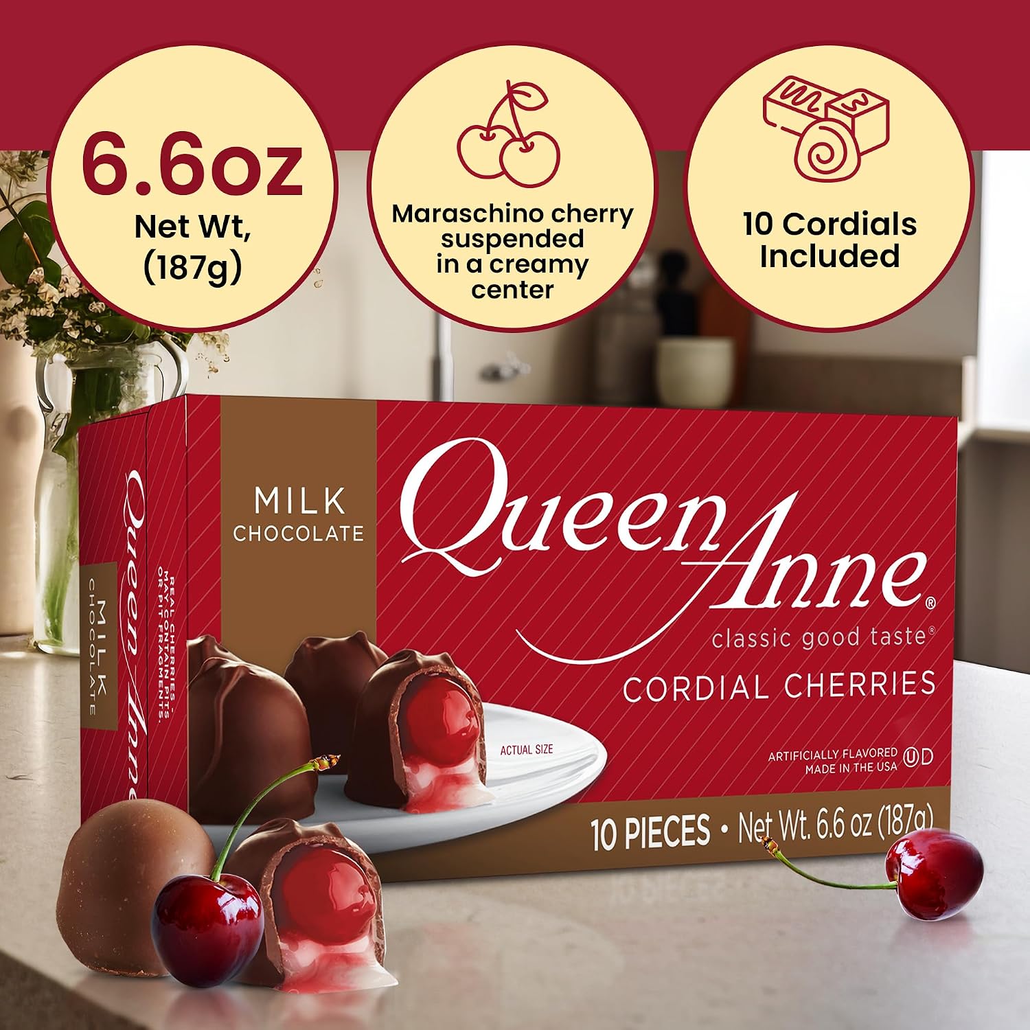 Queen Anne French Vanilla Chocolate Covered Cordial Cherries | 6.6 oz | 10 Piece Gift Boxes | Whole Maraschino Cherry Creamy Filled Liquid Center | Holiday Party Chocolate Candy