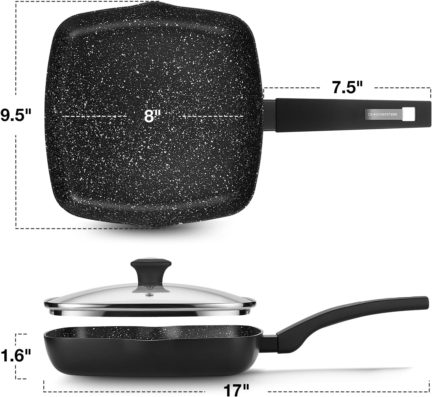 KOCH SYSTEME CS 9.5 Inch Nonstick Grill Pan for Stove Tops, Marble Coating Square Grill Skillet with Lid, Fry Pan Compatible with all Stoves